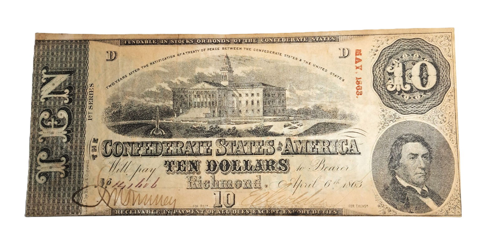 1863 Civil War Era Confederate States 10 Dollar CSA Bank Note Dollar Bill Columbia South Carolina SC: Described By:Rafe HFAVX Title:1863 Civil War Era Confederate States 10 Dollar CSA Bank Note Dollar Bill Columbia South Carolina SC Denomination:$10 Description:1863 Civil War Era Confederate States