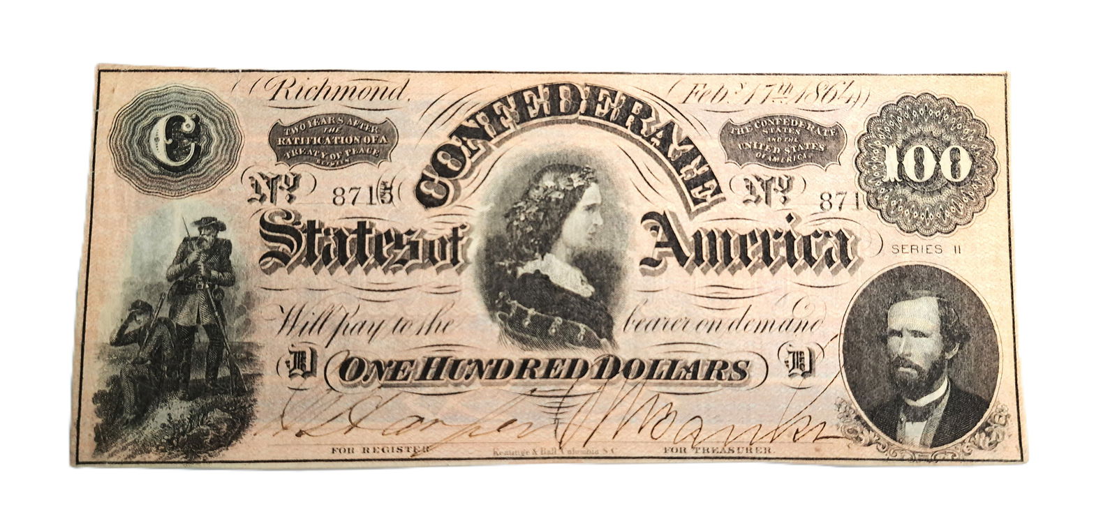 Confederate States February 17 1863 100 Dollars CSA Bank Note Dollar Bill Columbia South Carolina SC: Described By:Rafe HFAVX Title:Confederate States February 17 1863 100 Dollars CSA Bank Note Dollar Bill Columbia South Carolina SC No 8715 Denomination:100 Dollars Description:Confederate States Fe
