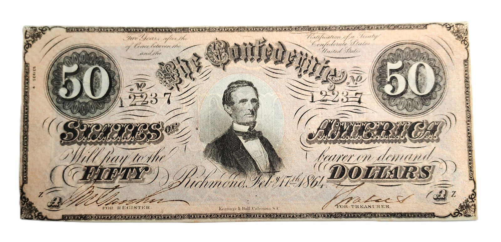 Confederate States February 17 1863 50 Dollar CSA Bank Note Dollar Bill Columbia South Carolina SC: Described By:Rafe HFAVX Title:Confederate States February 17 1863 50 Dollar CSA Bank Note Dollar Bill Columbia South Carolina SC Richmond Denomination:50 Dollars Description:1863 Confederate State