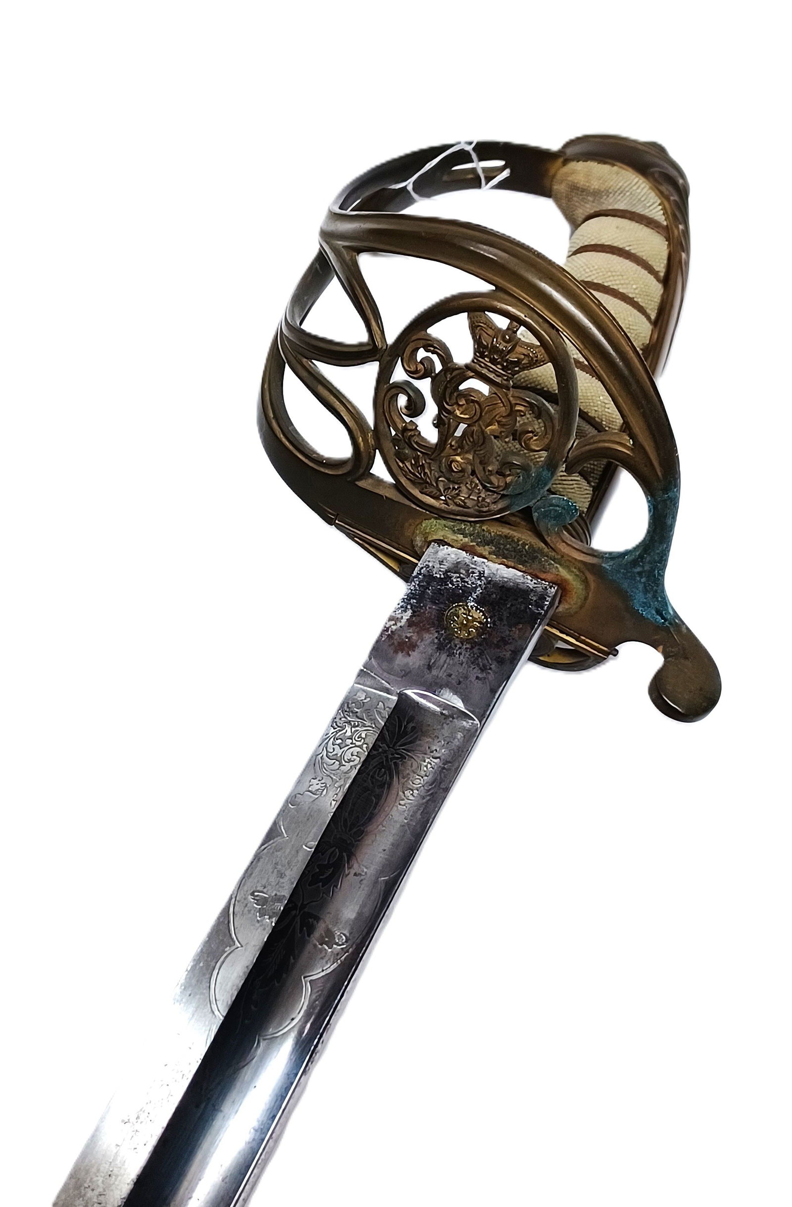 1845 British Infantry Officer Saber Blade Etching One Handed Sword: Described By:Rafe HFA CNX 0413 1308 Title:1845 British Infantry Officer Saber Blade Etching One Handed Sword Description: 1845 British Infantry Officer Saber Blade Etching One Handed Sword Blade Style