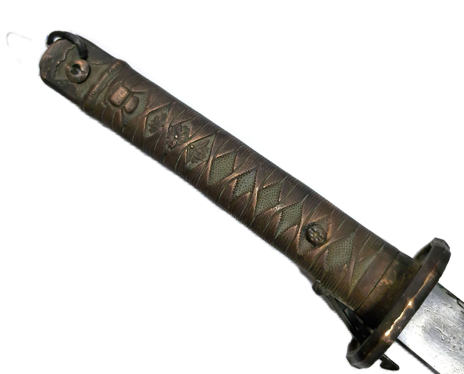 WW2 Imperial Japanese NCO Katana Steel Guard Scabbard w/ Cover: Described By:Rafe HFA CNX 0413 1316 Title:WW2 Imperial Japanese NCO Katana Steel Guard Scabbard w/ Cover Description: WW2 Japanese NCO Katana Steel Guard Scabbard w/ Cover Signature on blade Blade Sty