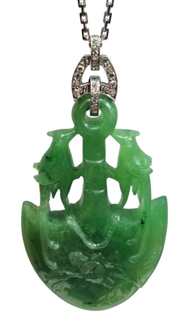 Rare Cartier 18K Gold Stunning Solid Jade Fine Diamond Necklace Signed And Numbered: Described & Photographed By: Rachel Mike CNX 0432 1408ESTIMATE 8000-10000 Title: Rare Cartier 18K Gold Stunning Solid Jade Fine Diamond Necklace Signed And Numbered Description:This pendant is one sol