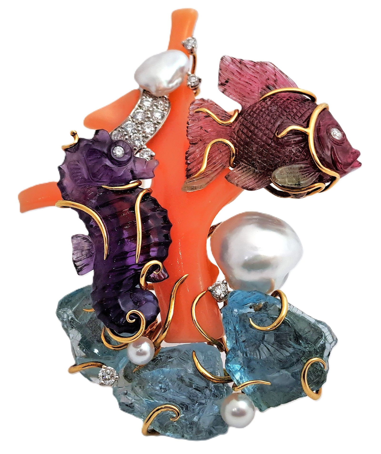 Rare Seaman Schepps Aquamarine Diamond Coral Pink Tourmaline Amethyst Pearl Marine Scene Brooch 18k: Described & Photographed By: Mike CNX 0432 1407ESTIMATE 8000-10000 Title: Rare Seaman Schepps Aquamarine Diamond Coral Pink Tourmaline Amethyst Pearl Marine Scene Brooch 18k Yellow Gold Description:<