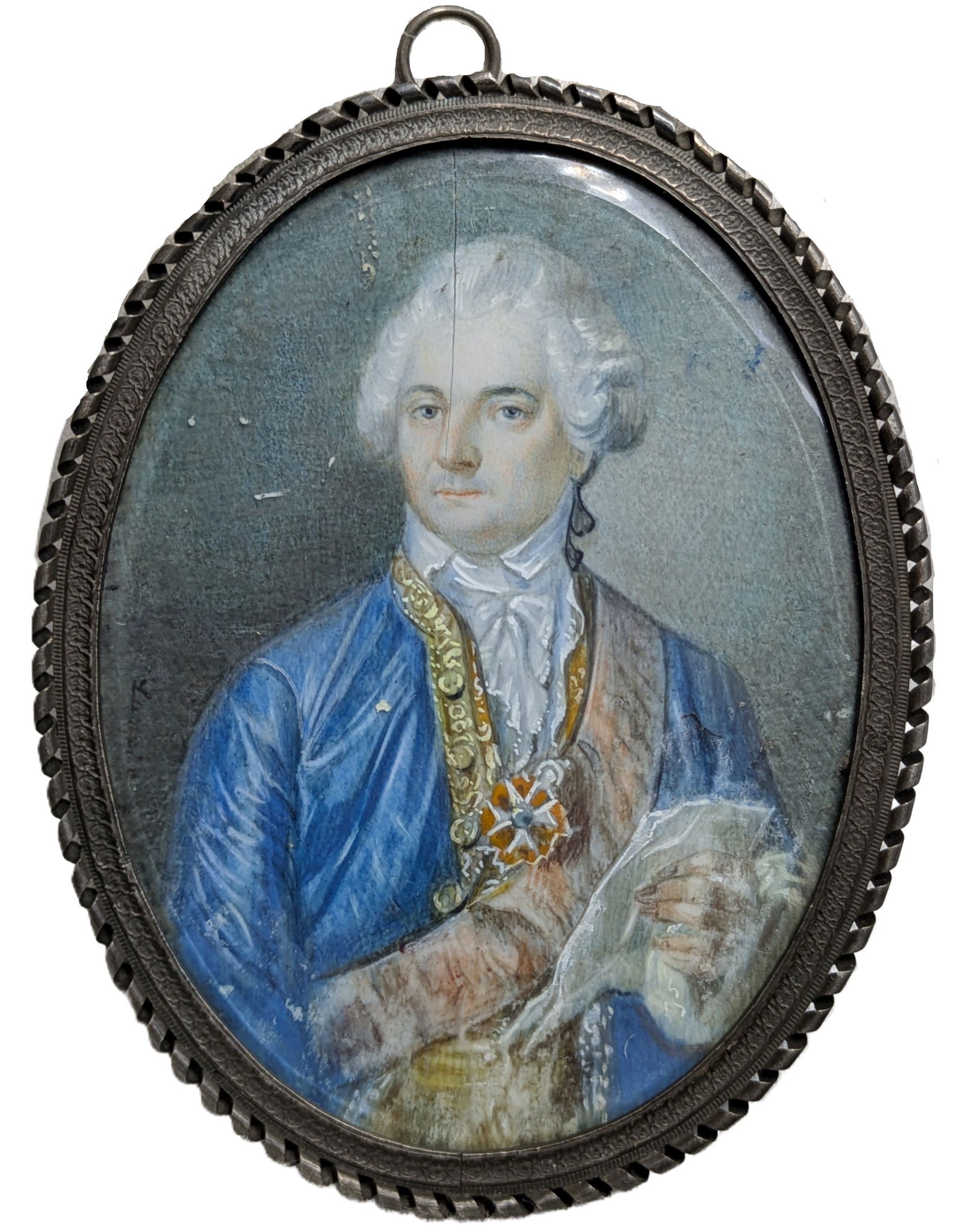 1700s Miniature Polish Blue Coat Nobleman Portrait Painting In Twisted Bezel Frame: Described By:Dillon DT70843 NFED Title:1700s Miniature Polish Blue Coat Nobleman Portrait Painting In Twisted Bezel Frame Description: 1700s Miniature Polish Blue Coat Nobleman Portrait Painting In Tw