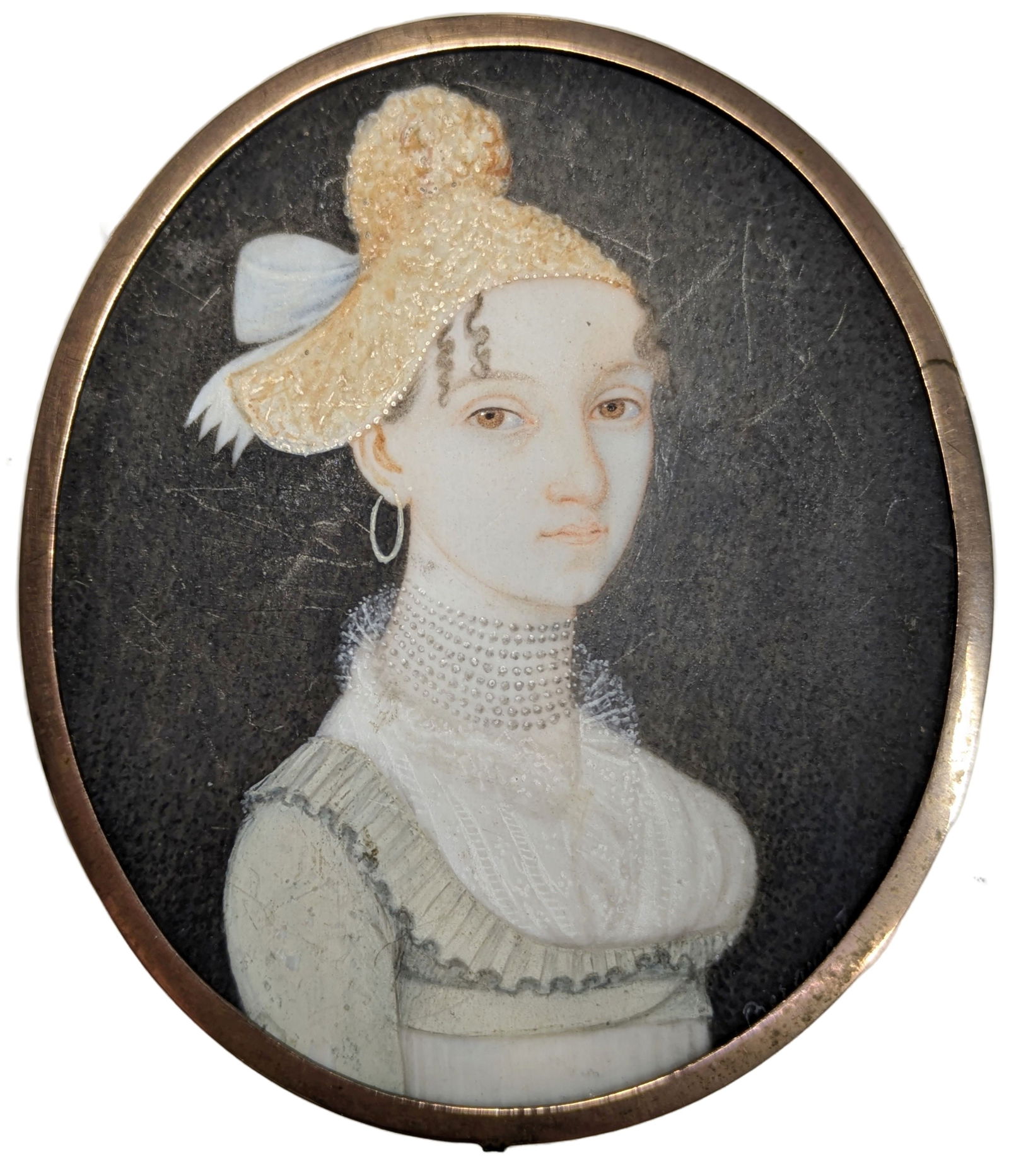 New Orleans or Southern Bell Miniature Oil Painting in Solid Gold Bezel Circa 1830: Described By:Dillon DT70840 NRDD Title:New Orleans or Southern Bell Miniature Oil Painting in Solid Gold Bezel Circa 1830 Description: New Orleans or Southern Bell Miniature Oil Painting in Solid Gold