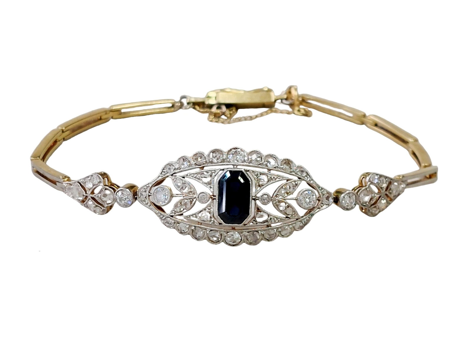 GIA No Heat Natural Sapphire Old Cut Diamond 18k Gold w/ Platinum Tops Edwardian Era Bracelet: Described & Photographed By:CHRIS AJP GIA / NYEG DT68511 / EST. $1000-$1500 Title: GIA No Heat Natural Sapphire Old Cut Diamond 18k Gold w/ Platinum Tops Edwardian Era Bracelet Description: One of th