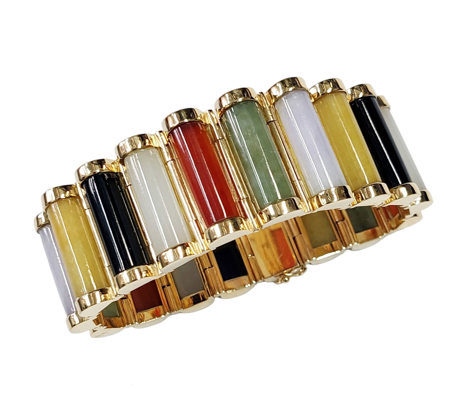 Vintage Genuine Multi Color Jadeite Jade Heavy 14k Gold Long Statement Bracelet 74 grams: Described & Photographed By:CHRIS AJP GIA / NREDD DT70803 / EST. 4-5K Title: Vintage Genuine Multi Color Jadeite Jade Heavy 14k Gold Long Statement Bracelet 74 grams Description: An extremely substant