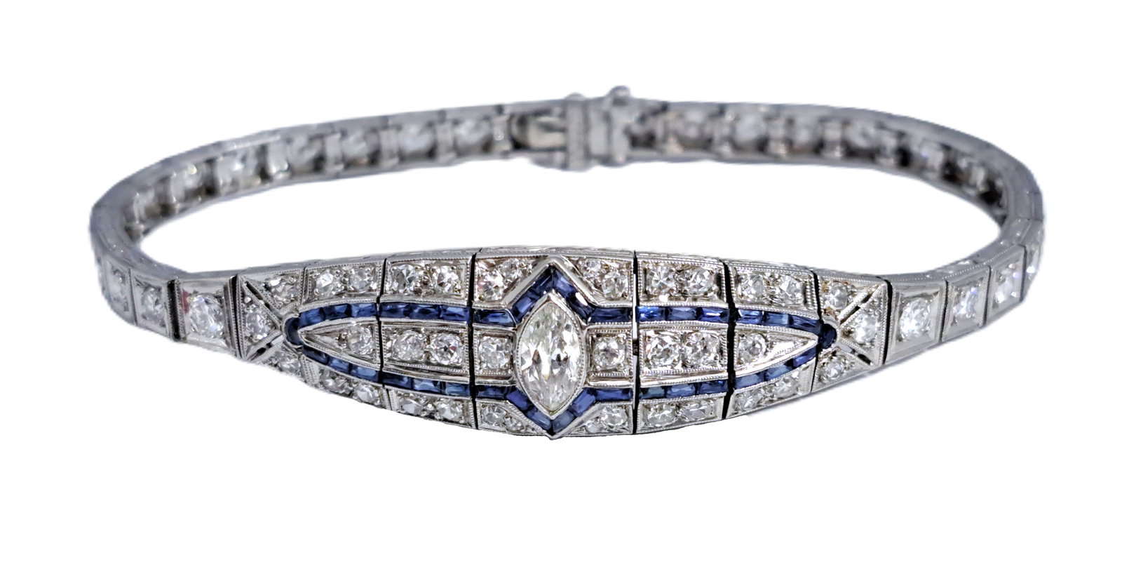Long Art Deco Antique Platinum Filigree Bracelet Natural Sapphires and Diamonds 4ctw (1 of 6)