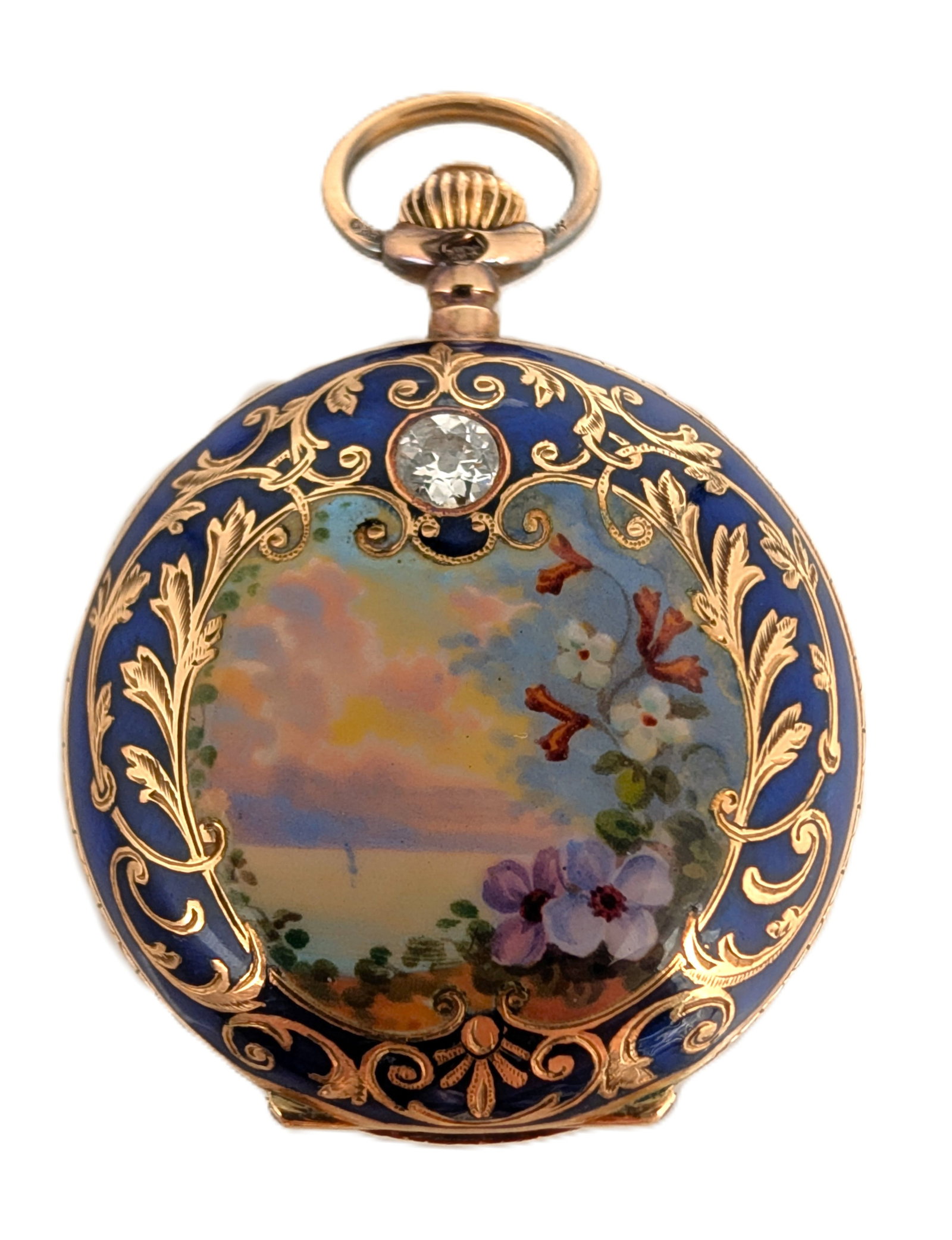 Stunning Petit Bijou 14K Gold Fine Diamond Enamel Scenic Landscape 10J Ladies Pocket Watch (1 of 8)