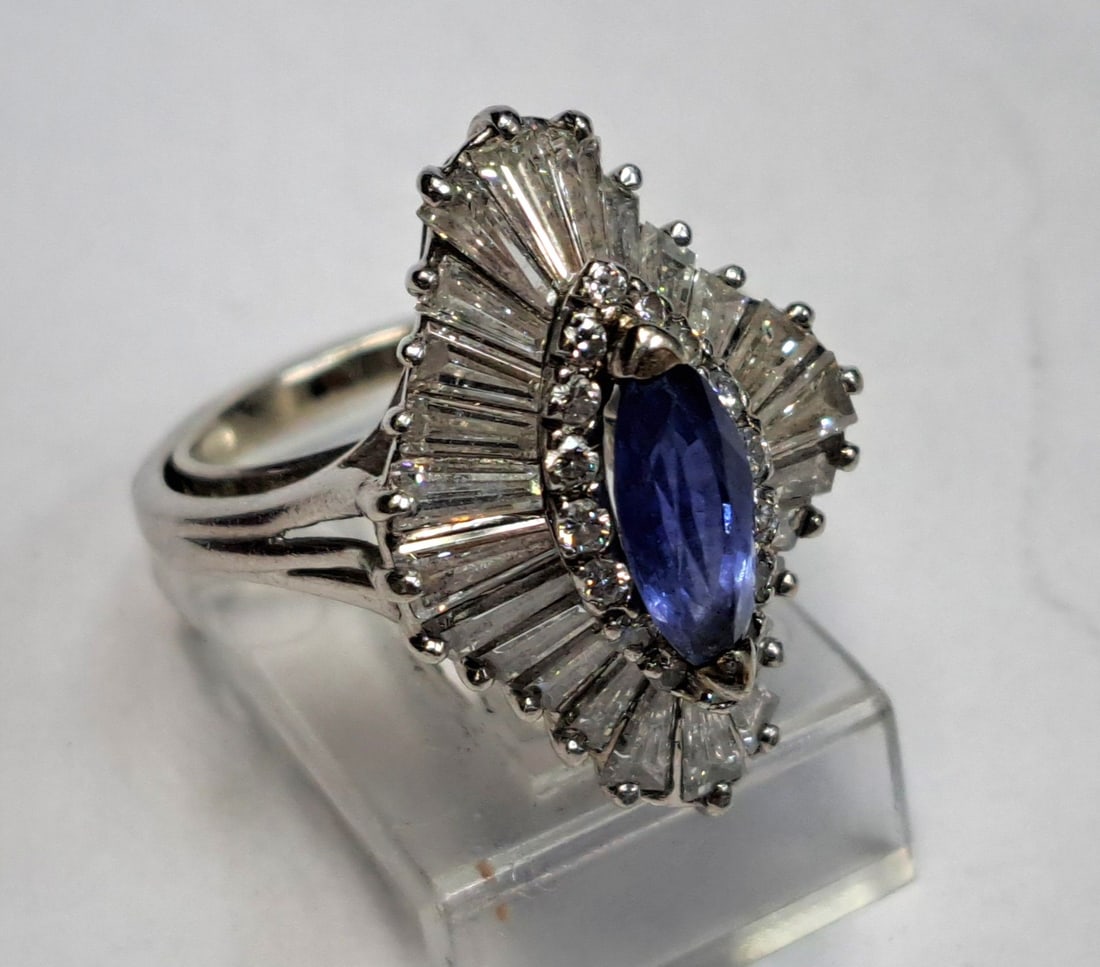 Platinum 1950s Classic Ballerina 2.10ctw Natural Sapphire Diamond Numbered Ring: Described & Photographed By: Mike NTED DT70868ESTIMATE 1000-1500 Title: Platinum 1950s Classic Ballerina 2.10ctw Natural Sapphire Diamond Numbered Ring Description: This ring is numbered 9088V on
