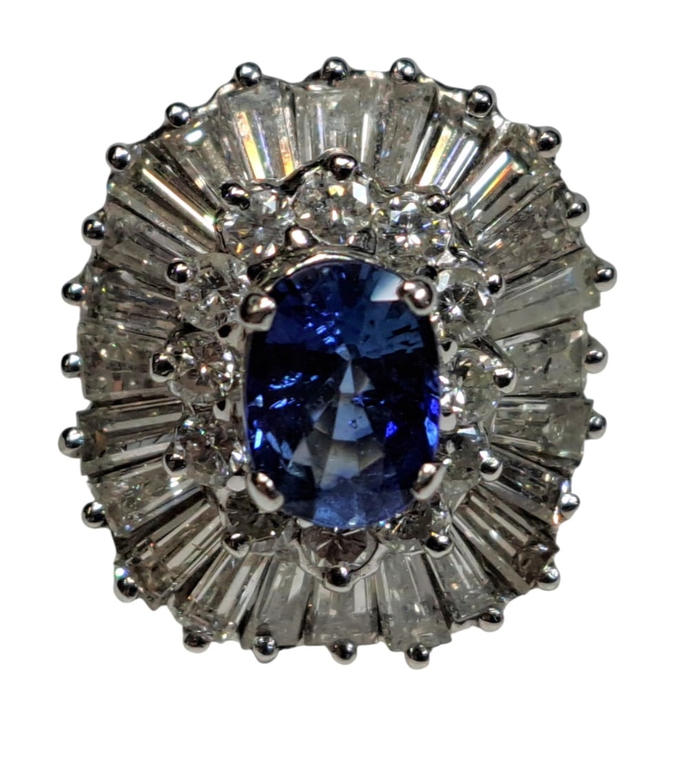 Stunning 18k White Gold 2ctw Fine White Diamond 1ctw Natural Sapphire 1950s Ballerina Ring: Described & Photographed By: Mike NFMED DT70870ESTIMATE 2000-3000 Title: Stunning 18k White Gold 2ctw Fine White Diamond 1ctw Natural Sapphire 1950s Ballerina Ring Description: Stunning! Make it