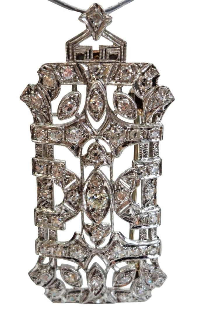 Antique Platinum 1.5ctw Diamond Filigree Ladies Pendant Brooch (1 of 6)