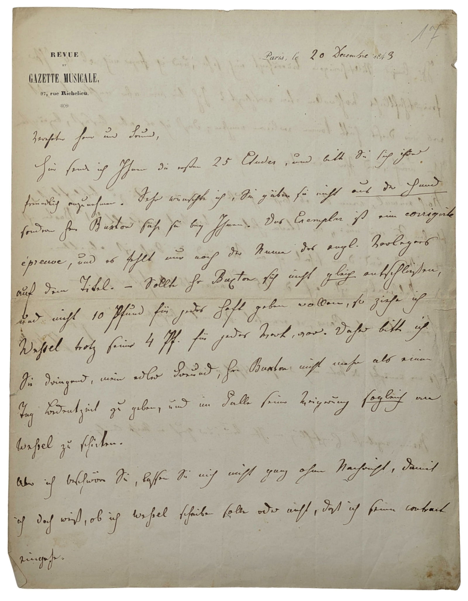 1843 Revue et Gazette Musicale de Paris Handwritten German Letter Antique Ephemera Entertainment (1 of 3)