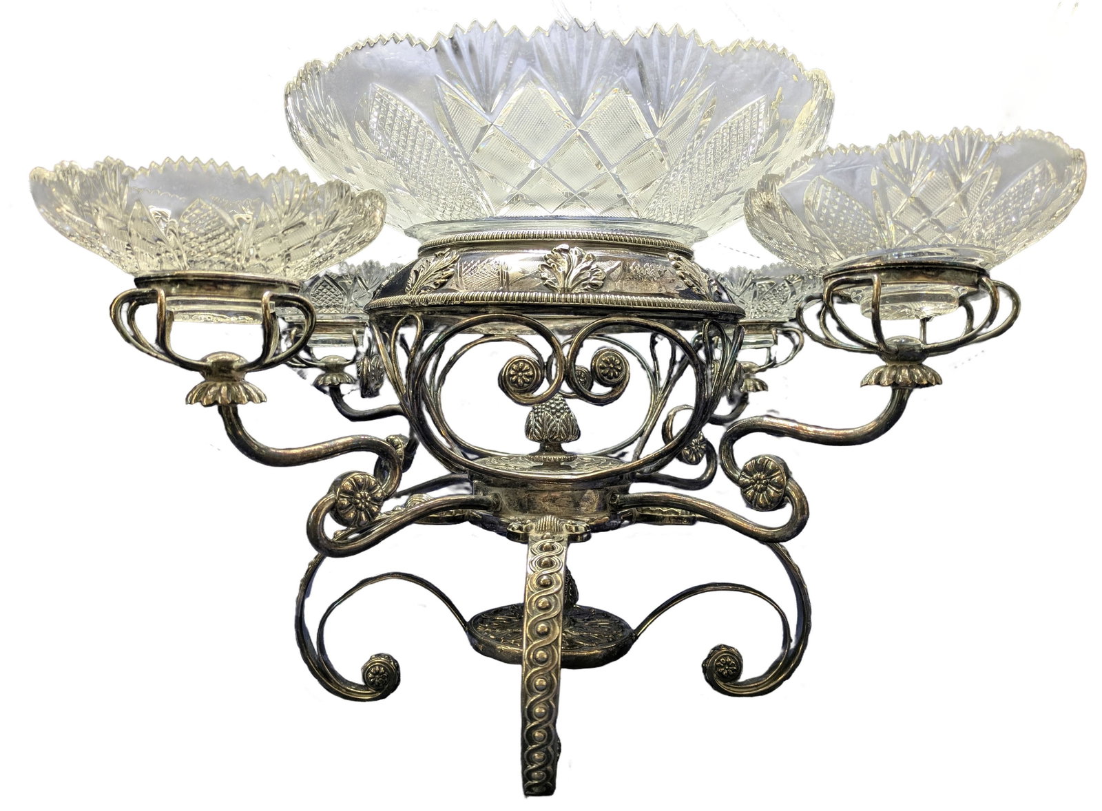 Antique Epergne 5pc American Brilliant Cut Glass Bowl Silver Plated Centerpiece (1 of 19)