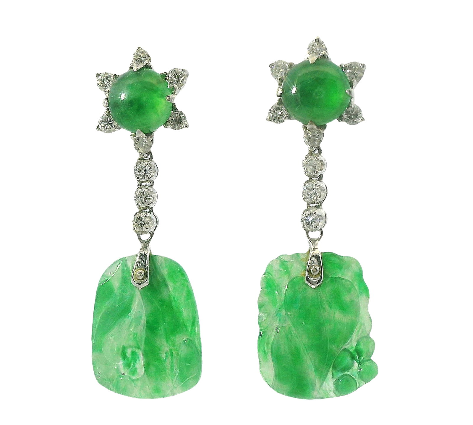 GIA Type A Burma Jadeite Jade 18k White Gold Diamond Midcentury Dangle Drop Earrings: Described & Photographed By:CHRIS AJP GIA / NEDD 70319 / EST. $5000-$7000 Title: GIA Type A Burma Jadeite Jade 18k White Gold Diamond Midcentury Dangle Drop Earrings Description: Gorgeous fine green