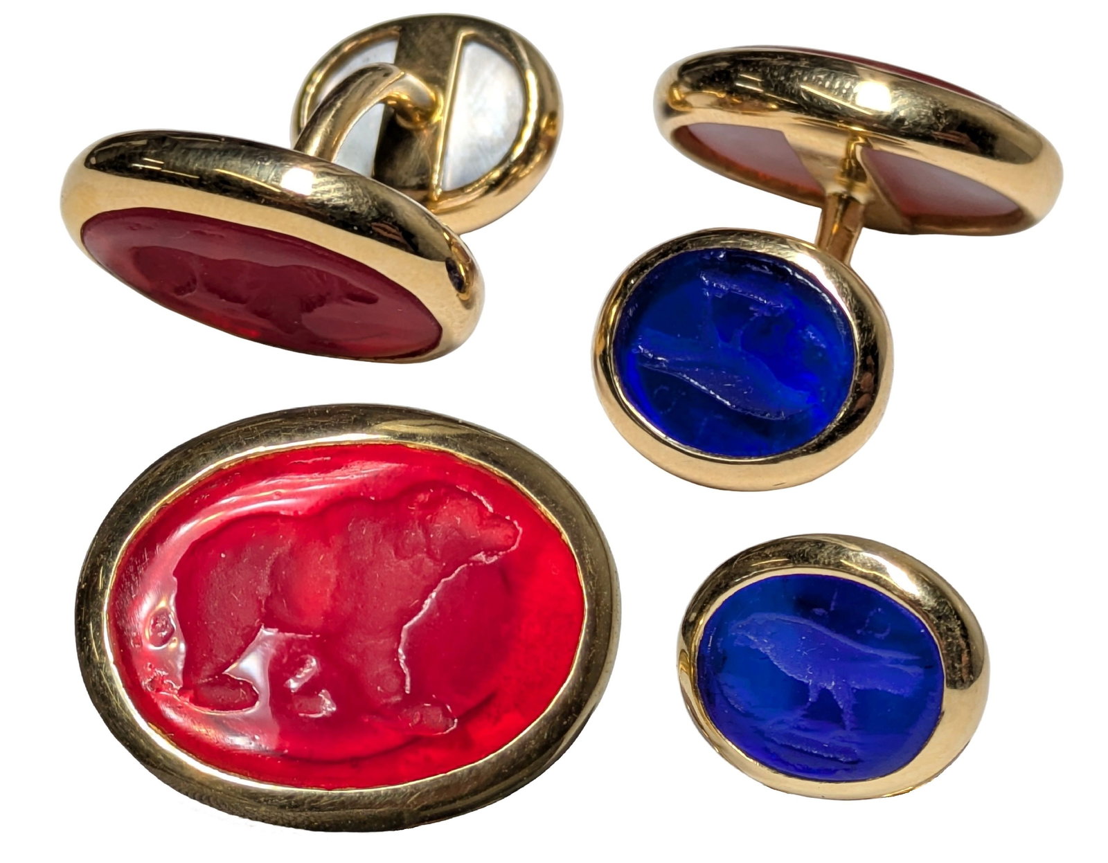 Elizabeth Locke 18K Gold Intaglio Cut Blue Red Bear Bird MOP Backed Cufflinks (1 of 10)