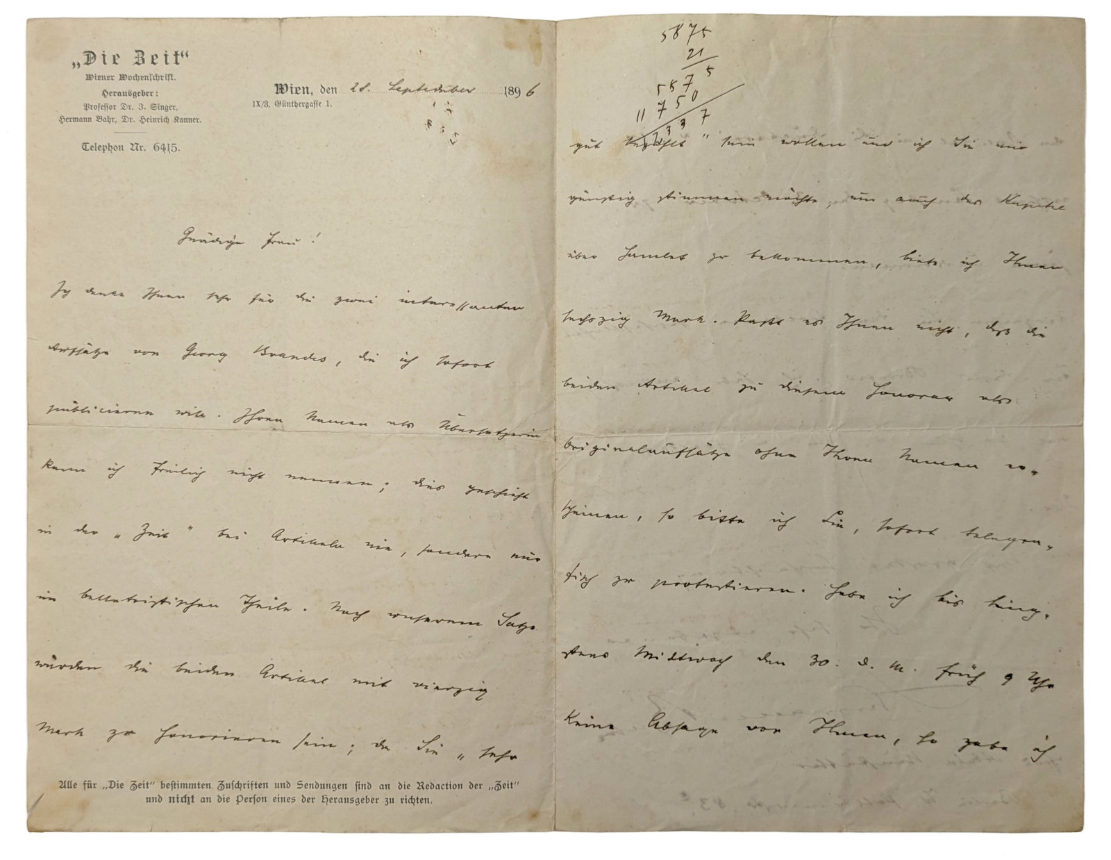 1896 Handwritten German Signed Correspondence Letter Die Beit Newspaper Critic Georg Brandes (1 of 8)