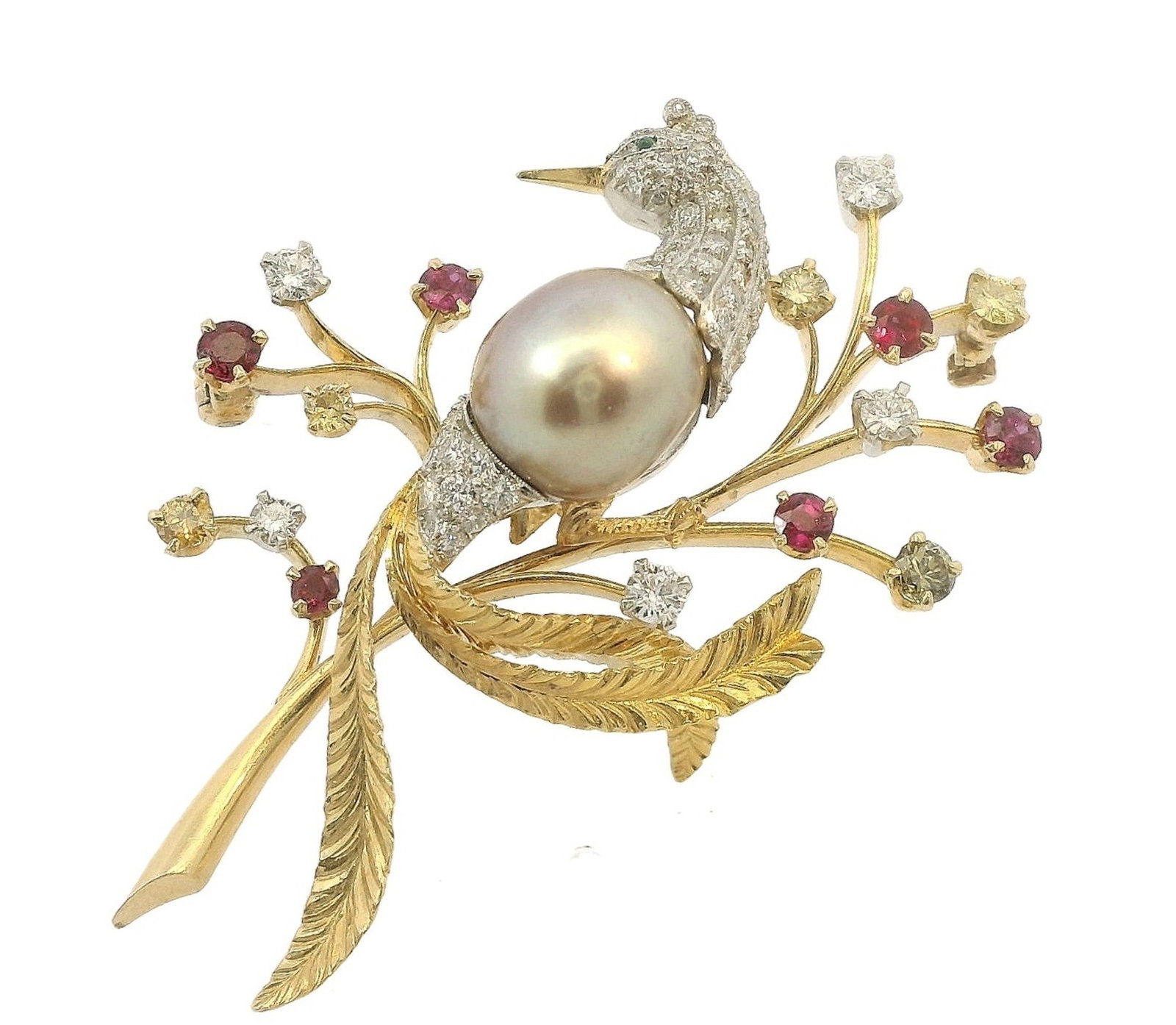 Very Rare GIA 10.6mm Natural Pearl Raymond Yard Fancy Color Diamond Ruby 18k Platinum Peacock Brooch (1 of 13)