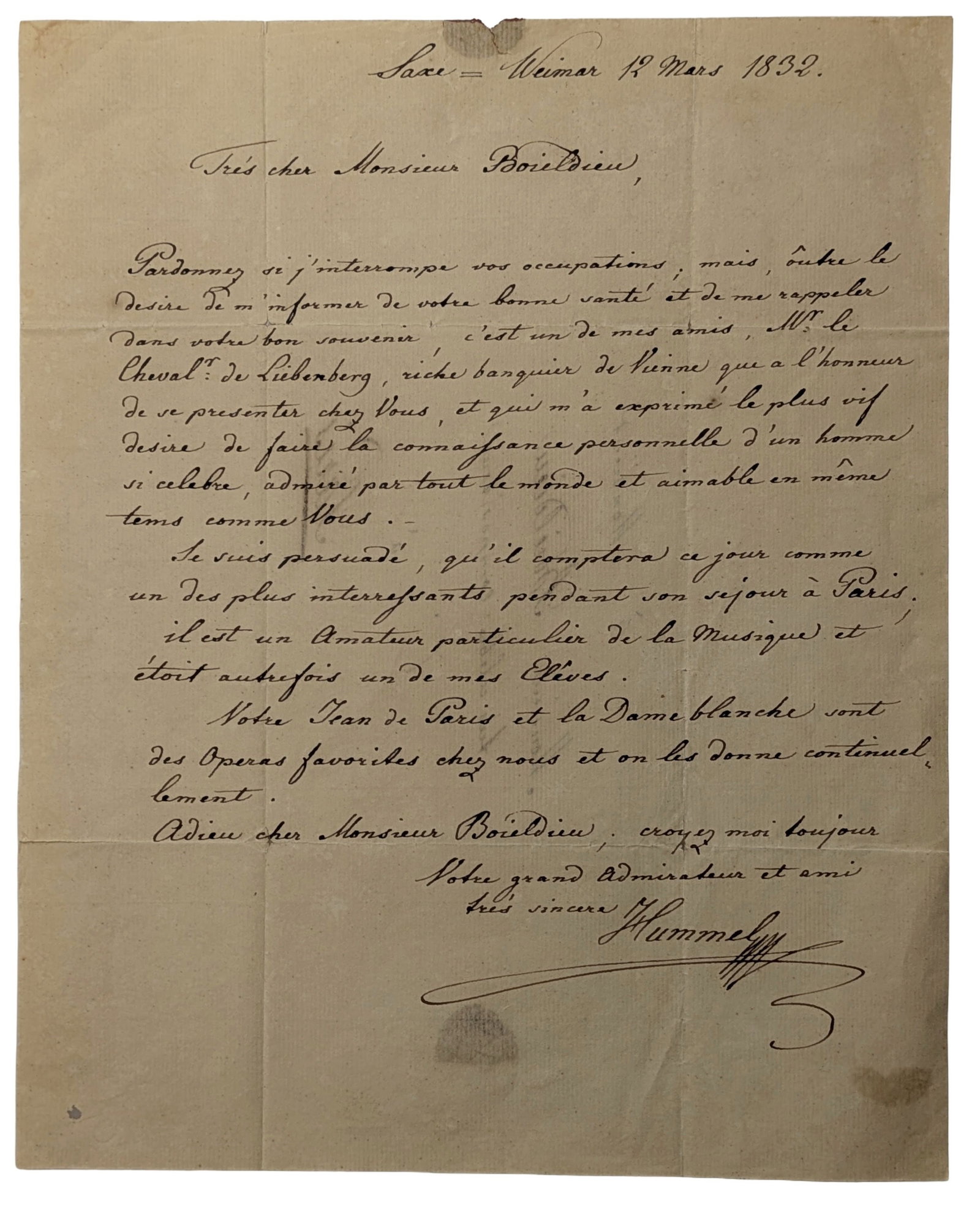 1832 Composer Johann Nepomuk Hummel Signed to Francois Adrien Boieldieu Handwritten French Letter (1 of 10)