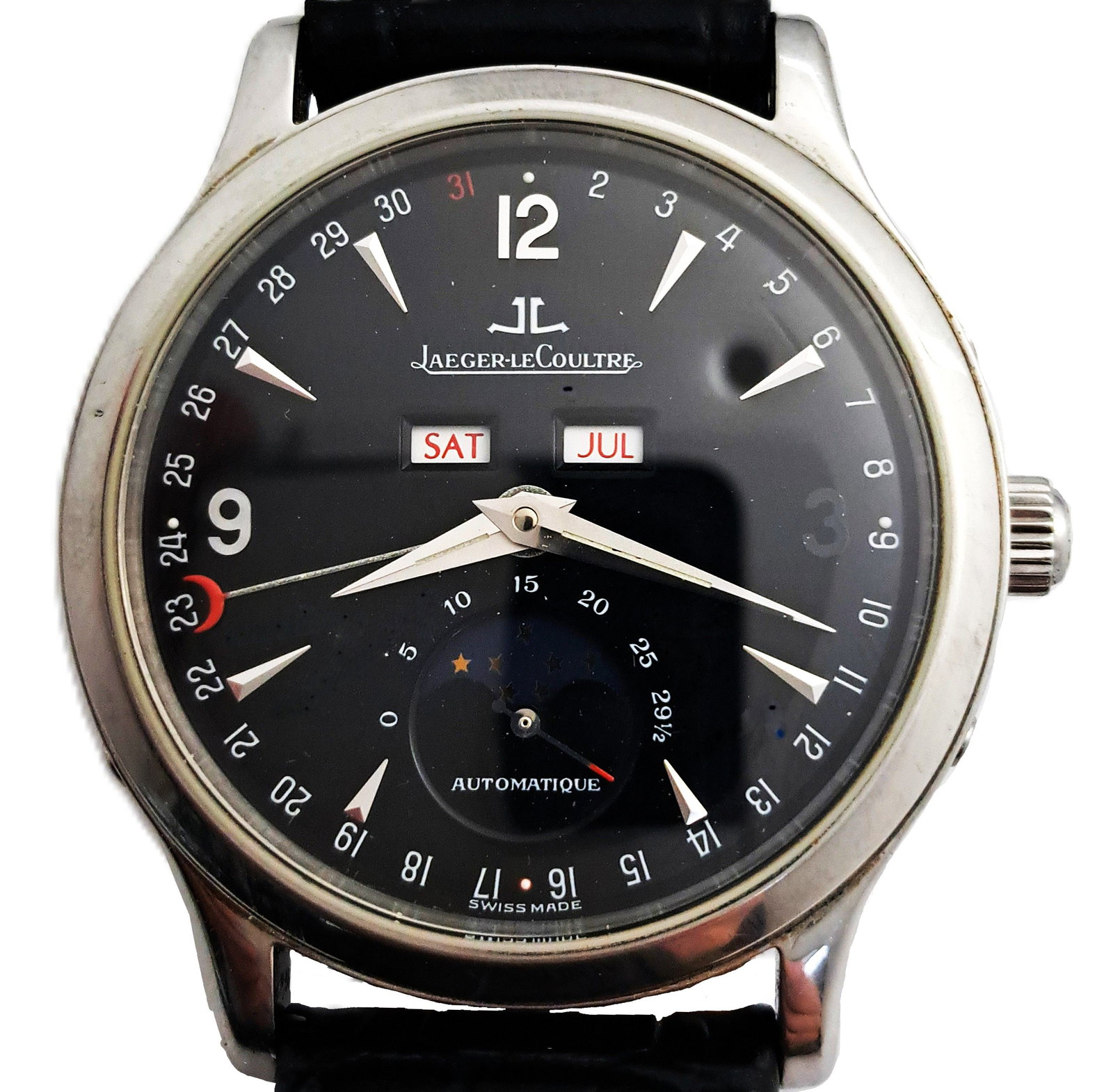 Jaeger LeCoultre Triple Date Moonphase Master Calendar 140.8.98.S Mens Wrist Watch: Described by: Rafe HFA NODDD DT71443 Title: Jaeger LeCoultre Triple Date Moonphase Master Calendar 140.8.98.S Mens Wrist Watch Description: Jaeger LeCoultre Triple Date Moonphase Master Calendar 140.8