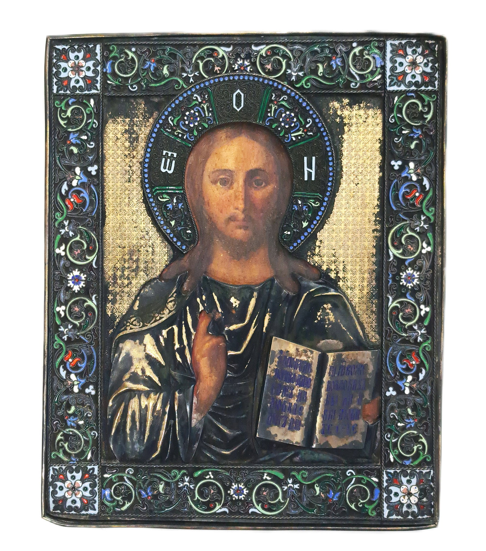 Russian Enamel Niello Jesus Christ Icon Holding Bible Silver Gilt Pavel Ovchinnikov Moscow Circa: Described By: Rafe HFA CNX 0461 1488 Title: Russian Enamel Niello Jesus Christ Icon Holding Bible Silver Gilt Pavel Ovchinnikov Moscow Circa 1880s Description: Russian Icon Enamel Jesus Christ Silver 