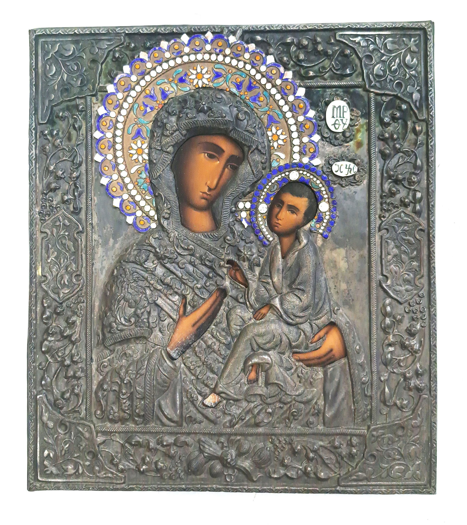 Madonna Mother and Child Mary Jesus Silver Gilt Enamel Icon Repousse Chase Silvered: Described By: Rafe HFA CNX 0461 1490 Title: Madonna Mother and Child Mary Jesus Silver Gilt Enamel Icon Repousse Chase Silvered Description: Madonna Mother and Child Mary Jesus Silver Gilt Enamel Icon