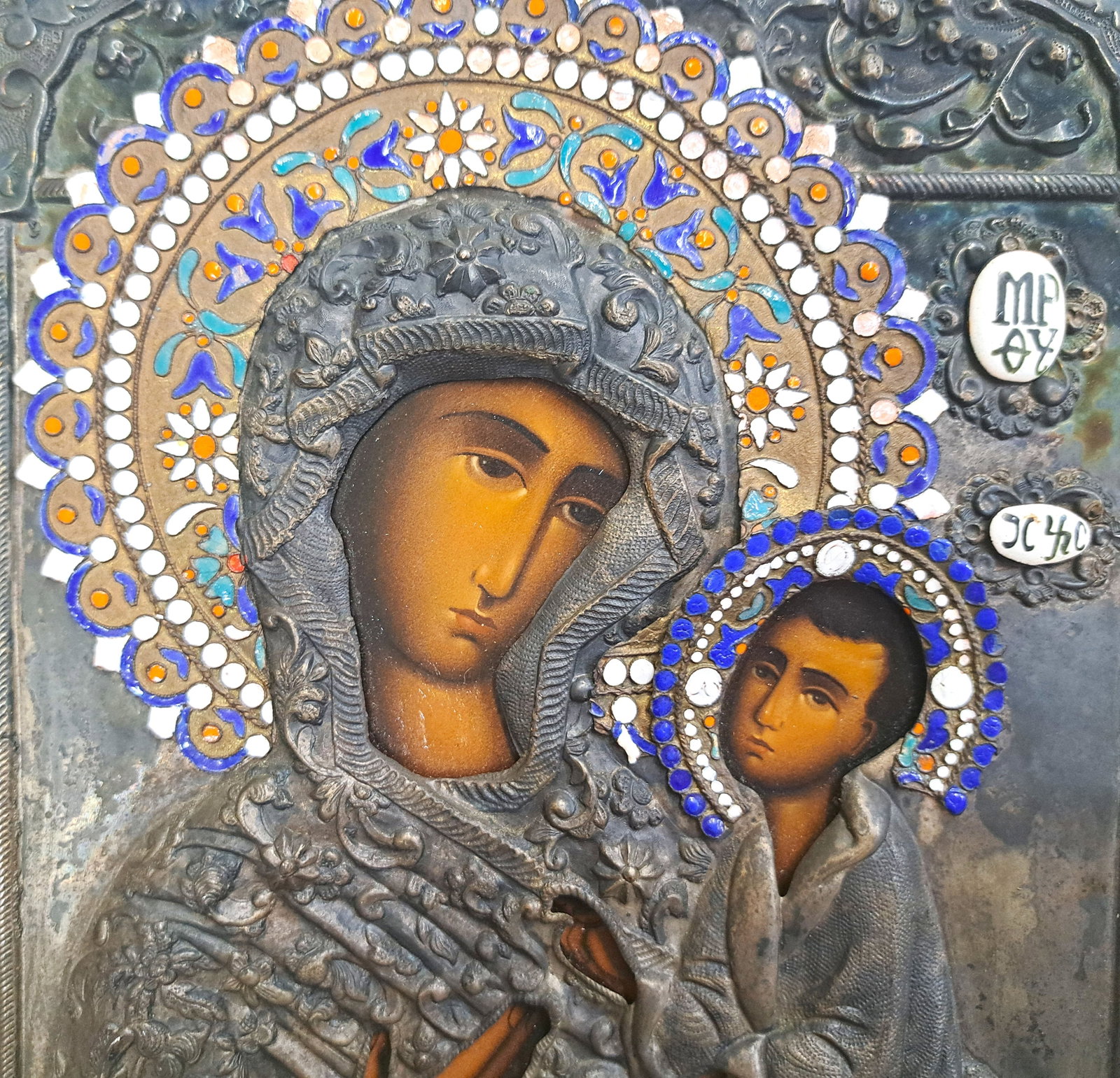 Madonna Mother and Child Mary Jesus Silver Gilt Enamel Icon Repousse Chase Silvered - 2