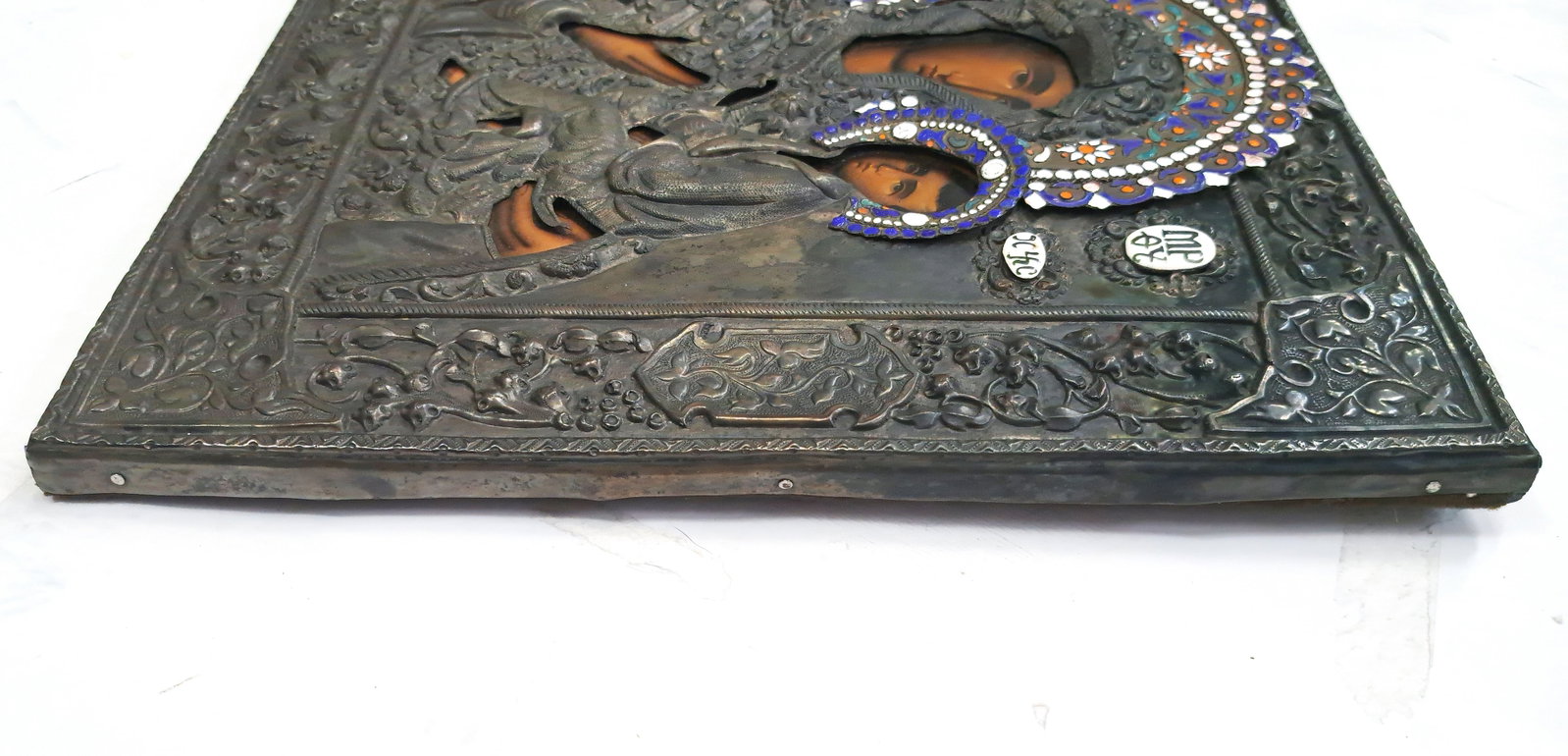 Madonna Mother and Child Mary Jesus Silver Gilt Enamel Icon Repousse Chase Silvered - 5