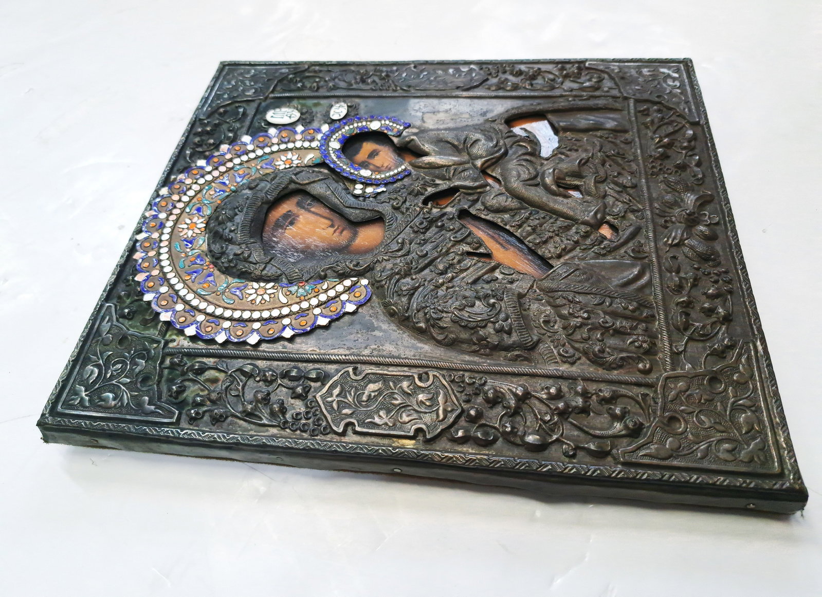 Madonna Mother and Child Mary Jesus Silver Gilt Enamel Icon Repousse Chase Silvered - 6