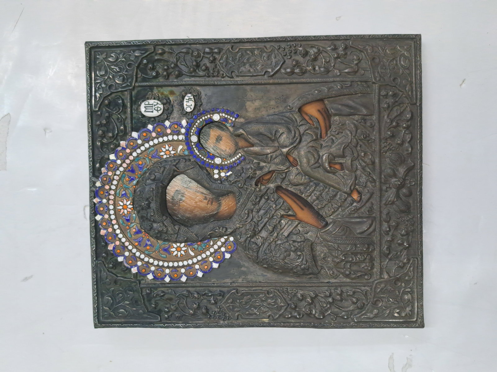 Madonna Mother and Child Mary Jesus Silver Gilt Enamel Icon Repousse Chase Silvered - 7