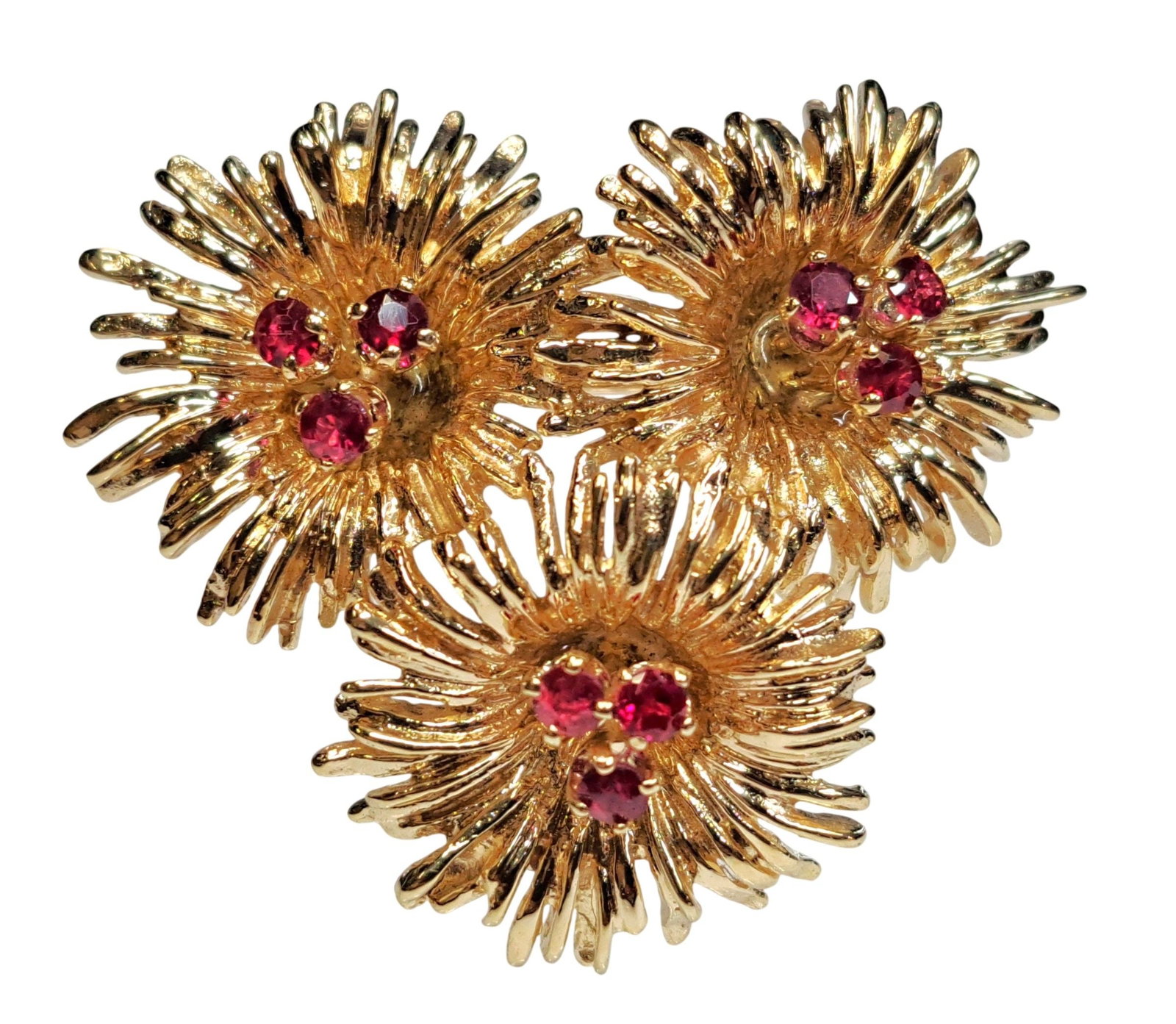Tiffany & Co. Mid Century 14k Yellow Gold Triple Flower 1.35ctw Ruby Floral Brooch 11.7g: Described & Photographed By: Mike NFFDD 70376 Title: Tiffany & Co. Mid Century 14k Yellow Gold Triple Flower 1.35ctw Ruby Floral Brooch 11.7g Description: Stunning! Make it yours today. Happ