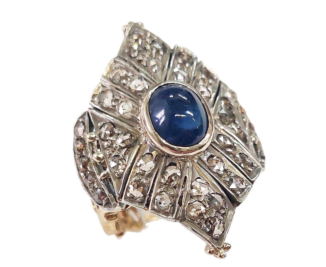 Large 3.75ct Natural Sapphire Cabochon Rose Cut Diamond 18K Gold Edwardian Ring: Described & Photographed By: Dillon DT65858 NFEDD Title: Large 3.75ct Natural Sapphire Cabochon Rose Cut Diamond 18K Gold Edwardian Ring Description: Large 3.75ct Natural Sapphire Cabochon Rose