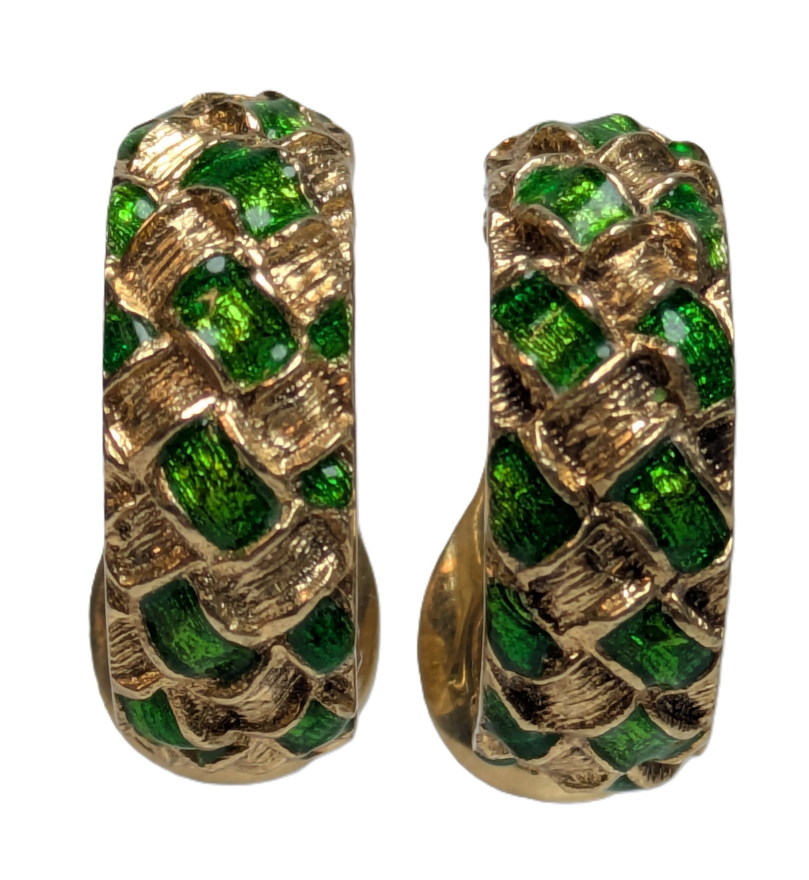18k Gold Tiffany & Co Green Enamel Vintage J Hoop Ear Clip Huggie Earrings: Described & Photographed By: Adams / NFYTD71438/ Please scroll down to see ALL images Title: 18k Gold Tiffany & Co Green Enamel Vintage J Hoop Ear Clip Huggie Earrings Description: Beautiful