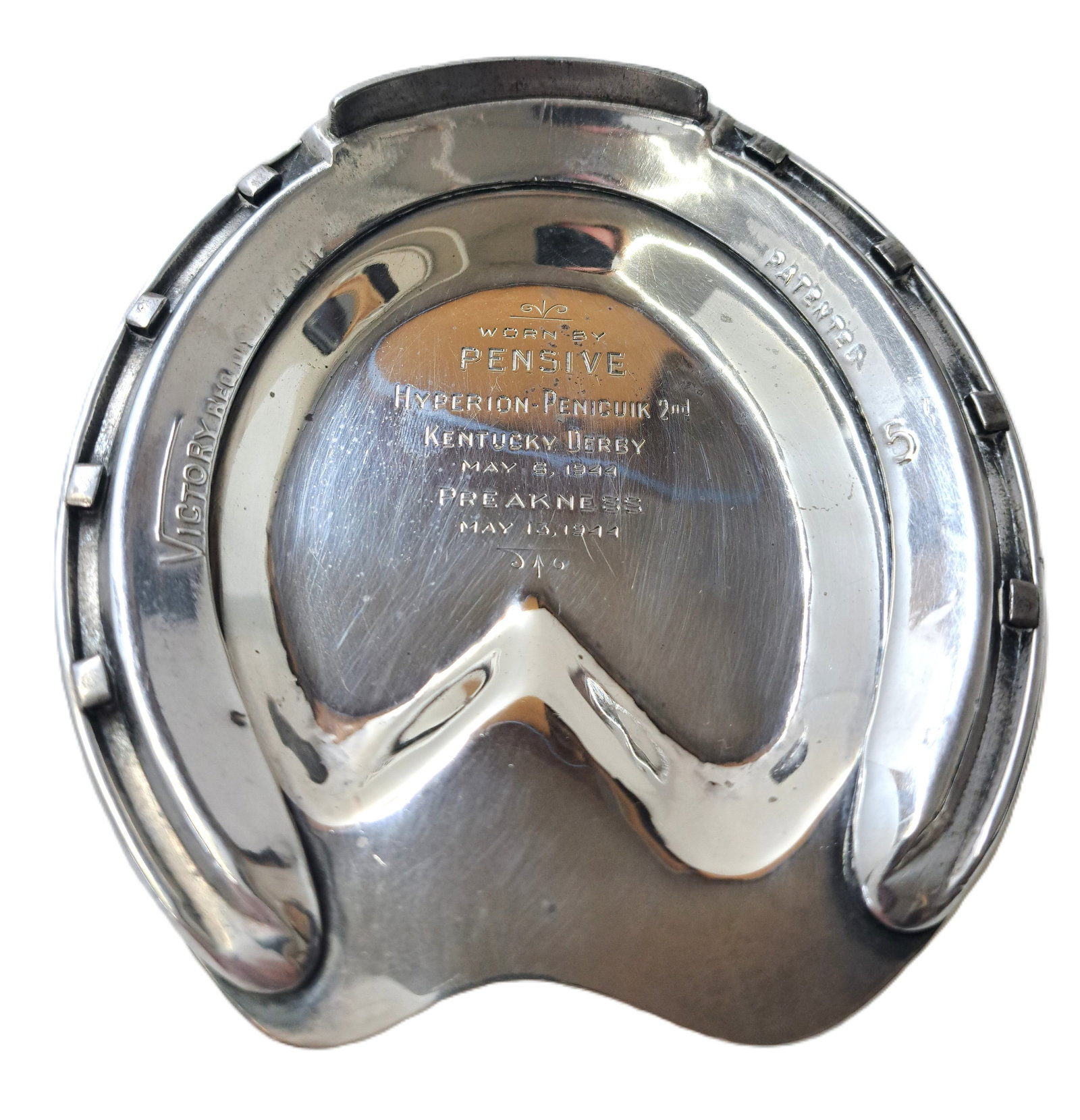 1944 Kentucky Derby & Preakness Winner Pensive Sterling Silver Trophy Horseshoe: Described By: August R HFA DT71297 Title: 1944 Kentucky Derby & Preakness Winner Pensive Sterling Silver Trophy Horseshoe Description: This phenomenal horseshoe trophy is truly a perfect representatio