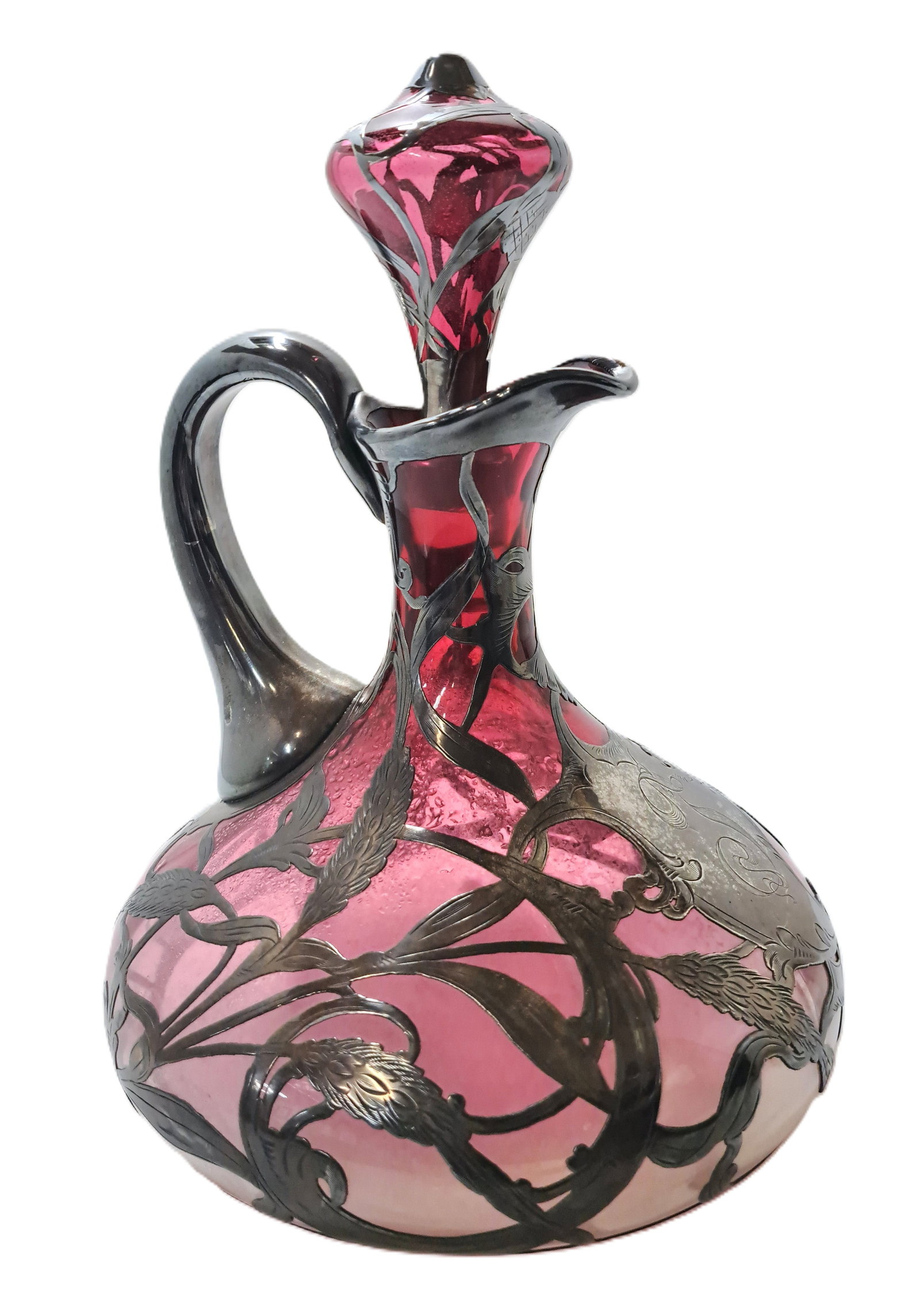 Beautiful Large Art Nouveau Cranberry Amethyst Sterling Silver Wine Ewer Pitcher: Described By: August R HFA DT71265 Title: Beautiful Large Art Nouveau Cranberry Amethyst Sterling Silver Wine Ewer Pitcher Description: This beautiful Art Nouveau Sterling Silver Wine Ewer Pitcher is 
