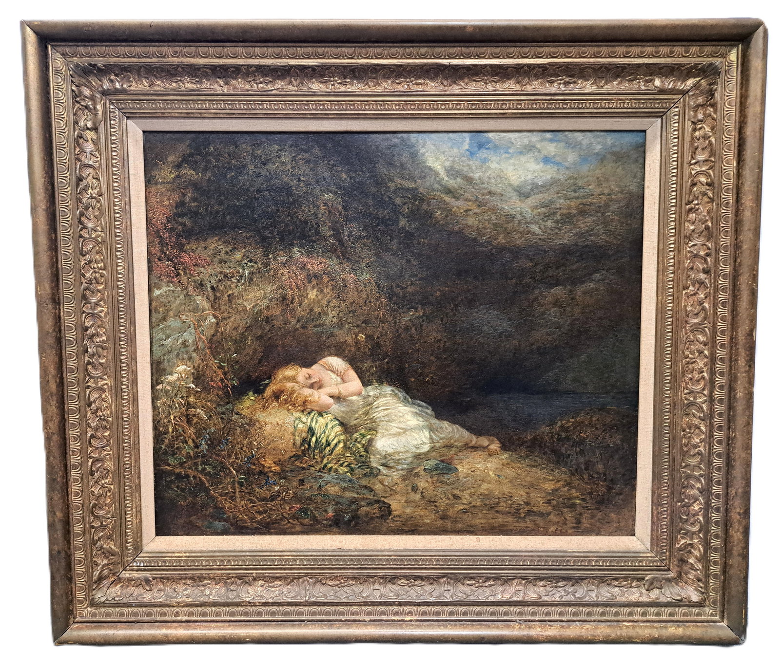 Pre-Raphaelite Ophelia 1800s Oil on Canvas Serene Peaceful Resting Woman Cove River Forest: Described By: August R HFX DT71328-2 Title: Pre-Raphaelite Ophelia 1800s Oil on Canvas Serene Peaceful Resting Woman Cove River Forest Description: Possibly Alfred Joesph Woolmer piece, as he was acti