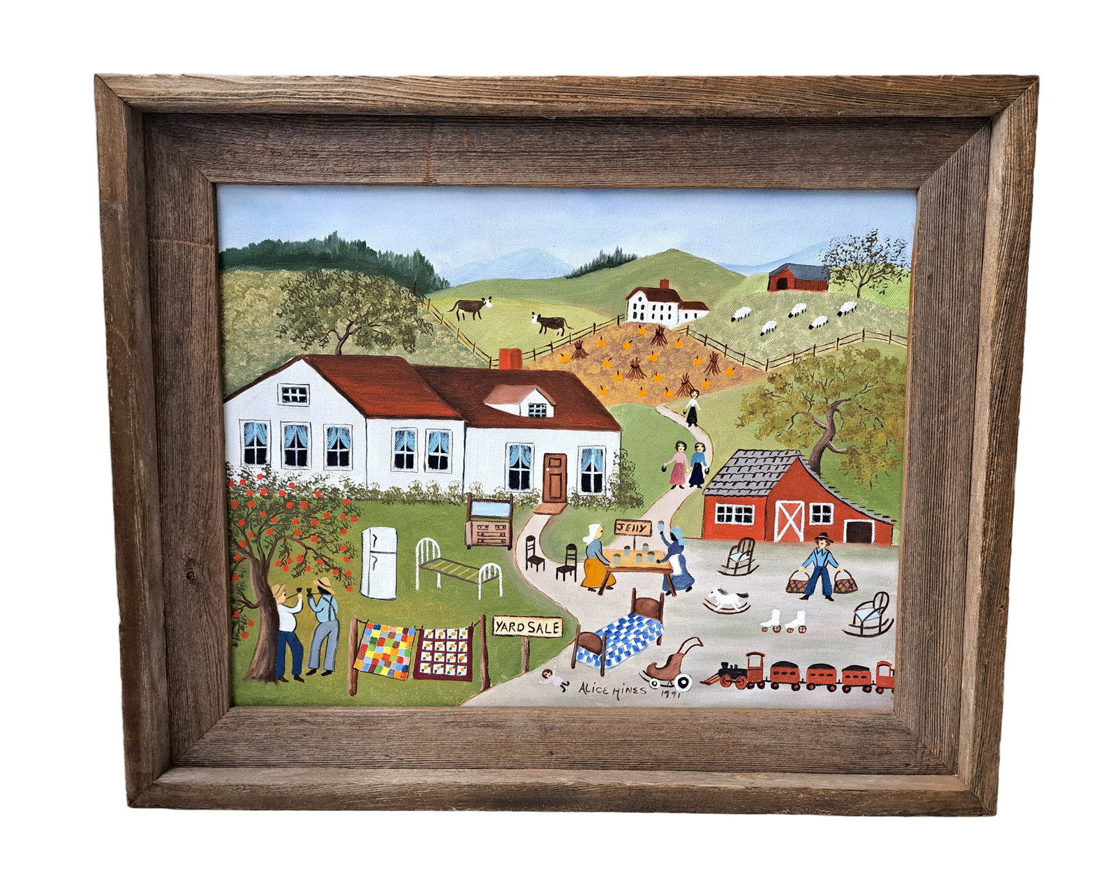 Yard Sale Oil on Canvas Folk Country Scene Commissioned Painting Alice Hines Texas African American: Described By: August R RME 71142 Title: Yard Sale Oil on Canvas Folk Country Scene Commissioned Painting Alice Hines Texas African American Description: This is a lovely Folk depiction of a Texas coun