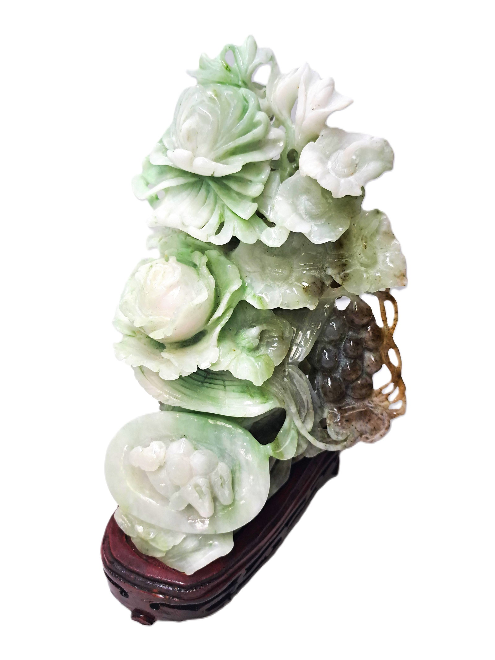 Large Jade Carved Floral Rose Vines Statue Art Work w/ Wooden Base Stand: Described By: Rafe CNX 0100 0233 Title: Large Jade Carved Floral Rose Vines Statue Art Work w/ Wooden Base Stand Description: Large Jade Carved Floral Rose Vines Statue Art Work w/ Wooden Stand <