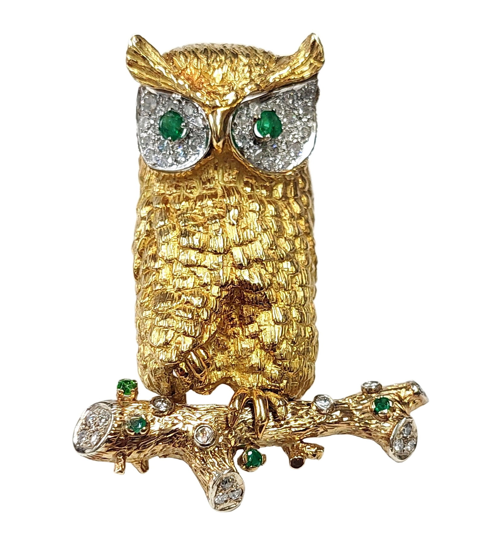 Huge 18k Gold Diamond Midcentury Israeli Designer Emerald Eyed Owl Clip Brooch 41 grams: Described & Photographed By: CHRIS AJP GIA / NGEDD 71403 / EST. $5000-$6000 Title: Huge 18k Gold Diamond Midcentury Israeli Designer Emerald Eyed Owl Clip Brooch 41 grams