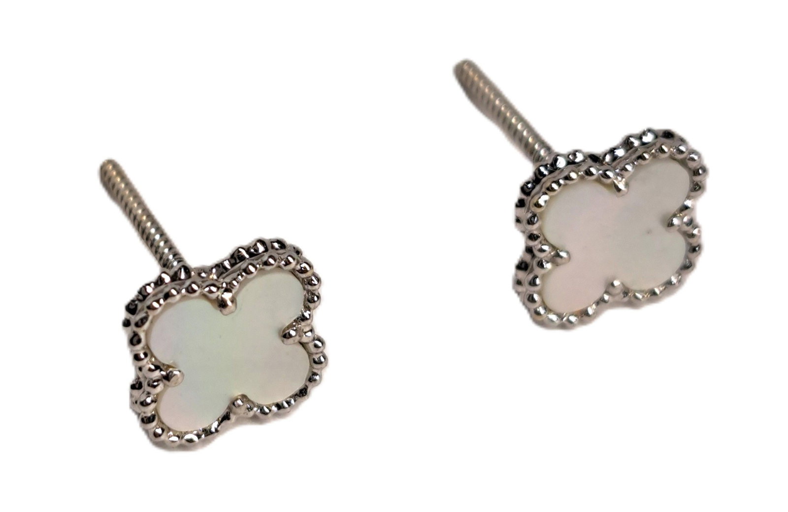 Van Cleef & Arpels Alhambra Mother of Pearl Earrings 18k White Gold w Screw Back: Described & Photographed By: August R NYDD FFA DT71314 Title: Van Cleef & Arpels Alhambra Mother of Pearl Earrings 18k White Gold w Screw Back <
