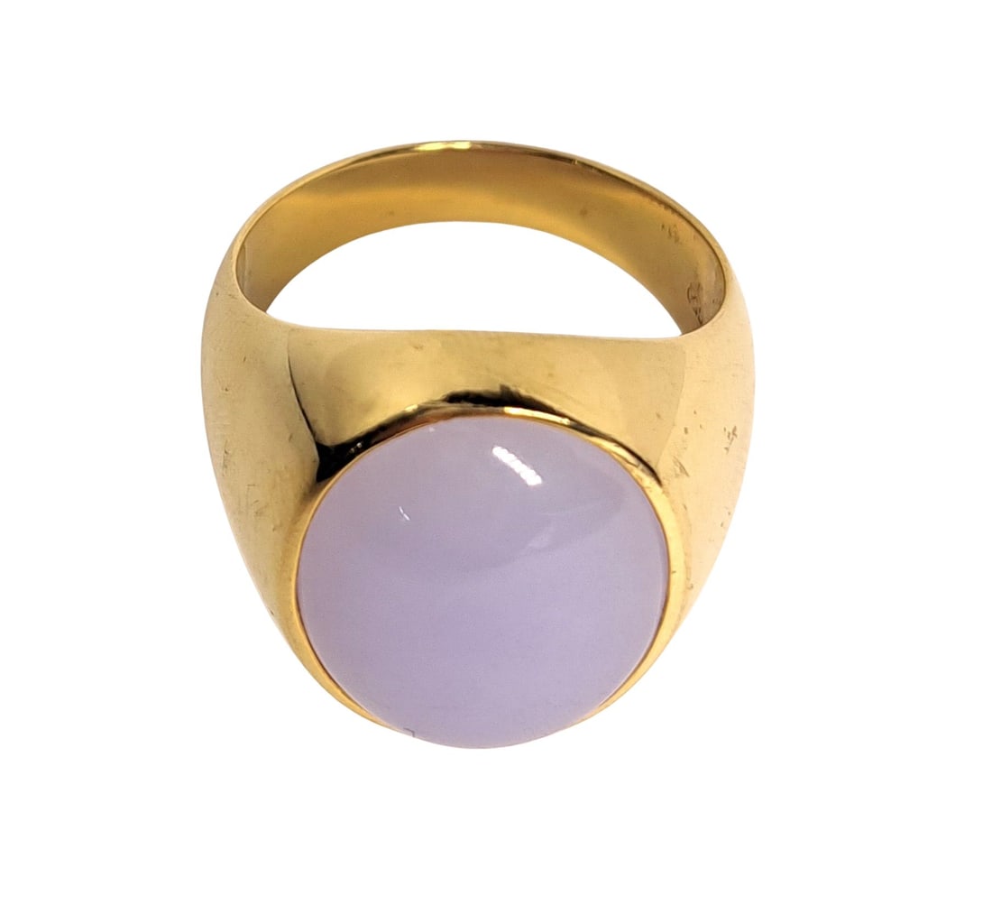 Huge Sophisticated 18k Yellow Gold Mens Lavender Jade Ring Size 12 Classic Bold: Described & Photographed By: August R ORDD DT70174 Title: Huge Sophisticated 18k Yellow Gold Mens Lavender Jade Ring Size 12 Classic Bold