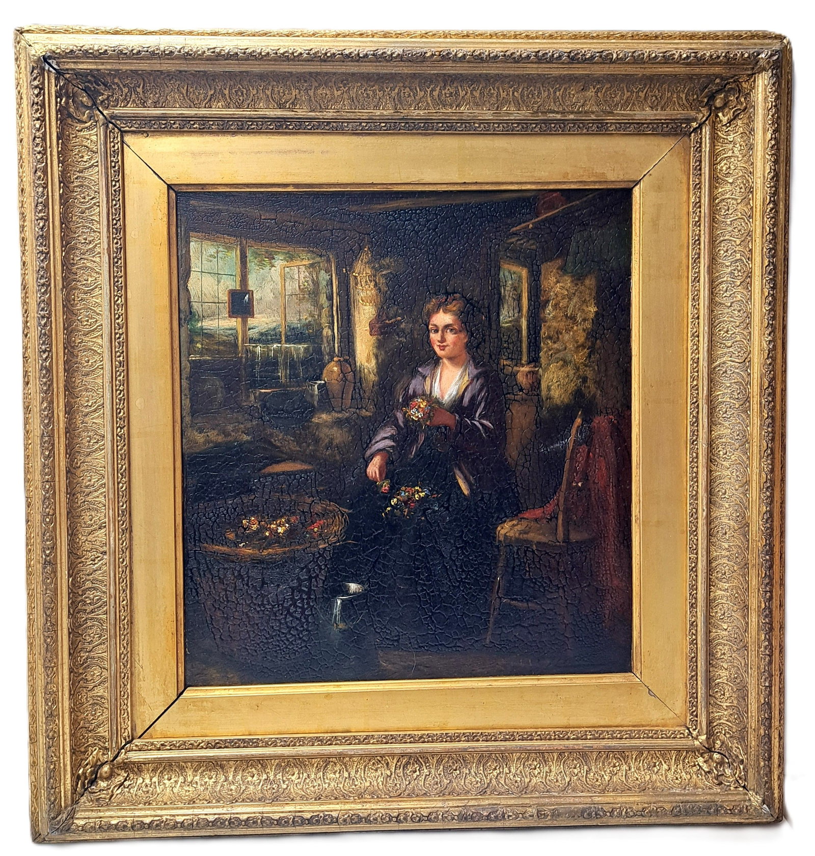 19th Century Woman Floral Portrait Oil Wood 15x14 Framed Artist Signed Painting: Described By: August R CNX 0464 1513 Title: 19th Century Woman Floral Portrait Oil Wood 15x14 Framed Artist Signed Painting Description:
