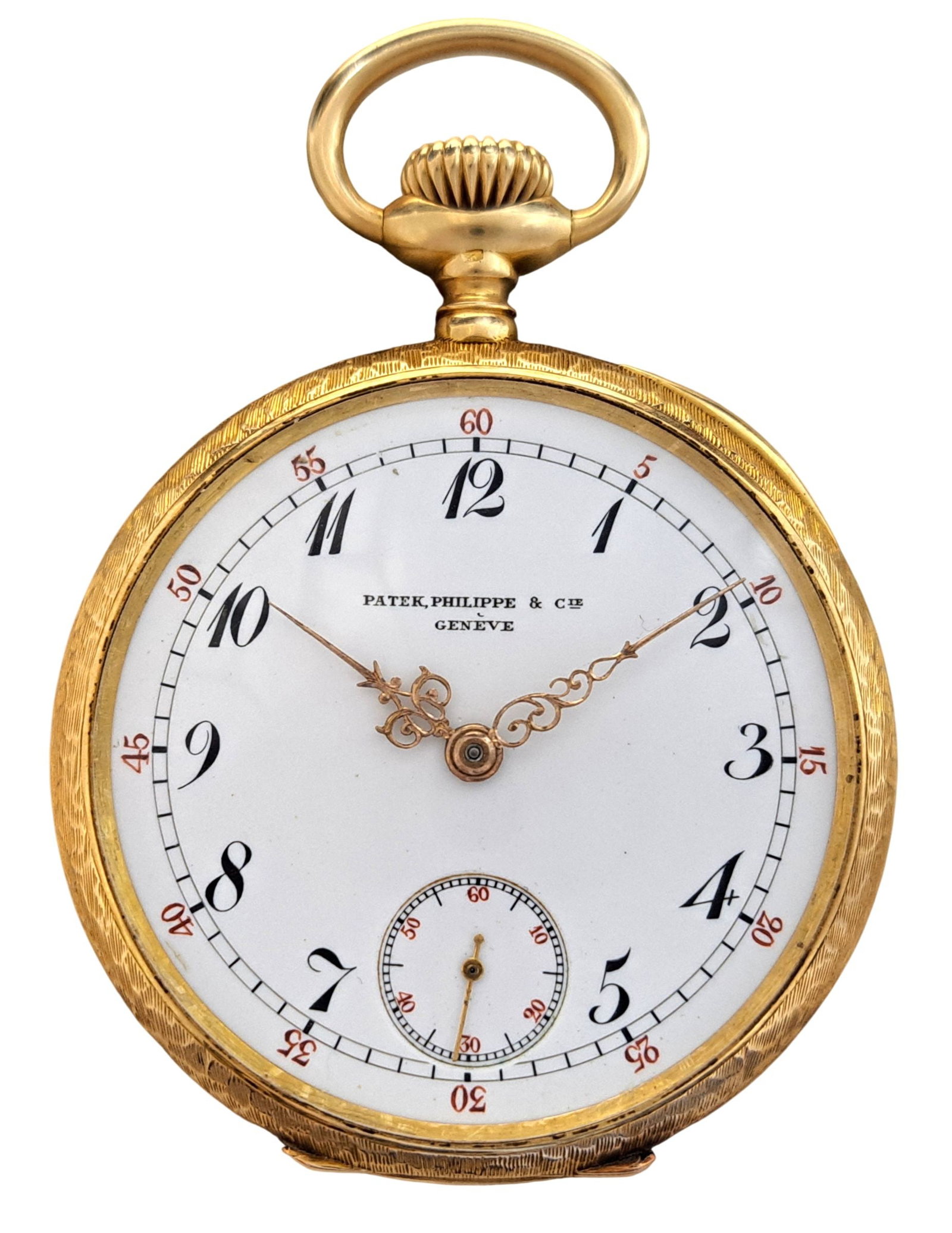 Unusual 18k Gold Patek Philippe Etched Case Enamel Dial Running Pocket Watch w Orig Box (1 of 10)