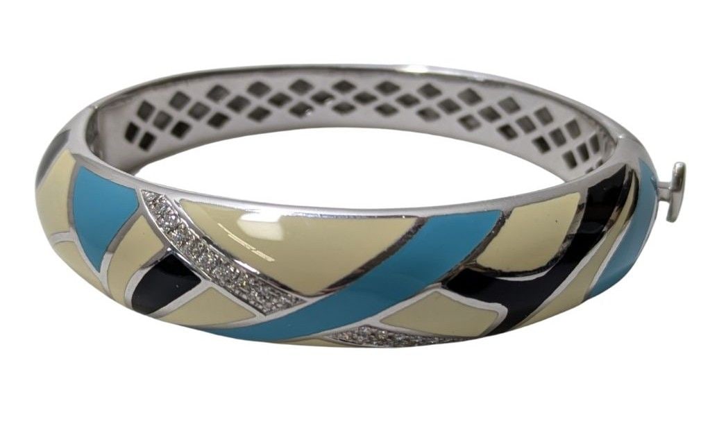 Stunning Gold Cuff Bracelet Diamond Enamel Modern Roberto Coin Modernist: Described & Photographed By: Adams HFA YTDD71473 Title: Stunning Gold Cuff Bracelet Diamond Enamel Modern Roberto Coin Modernist Description: Stunning Gold Cuff Bracele
