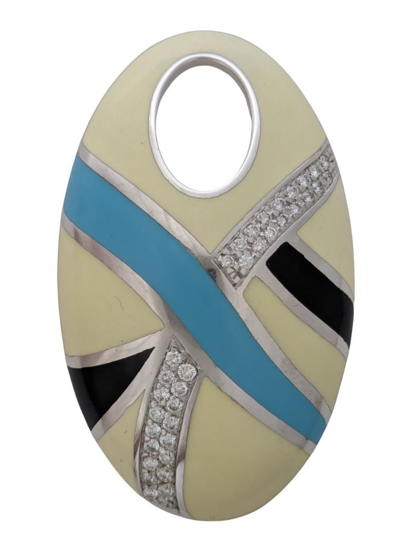 Roberto Coin Pendant Gold Diamond Blue Enamel Graphic Italian Modernist Necklace: Described & Photographed By: Adams HFA OODD71474 Title: Roberto Coin Pendant Gold Diamond Enamel Graphic Italian Modernist Description:Roberto Coin Pendant Gold Diamond Enamel Graphic Both Italian Mod