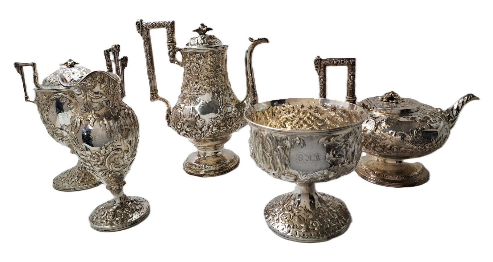 Samuel Kirk and Son Five Piece Repoussé Silver Nature Landscape Set Maryland: Described By:August R CNX 0466 1517 Title:Samuel Kirk and Son Five Piece Repoussé Silver Nature Landscape Set Maryland Description: Samuel Kirk and Son Five Piece Repoussé Silver Nature Landscape Se