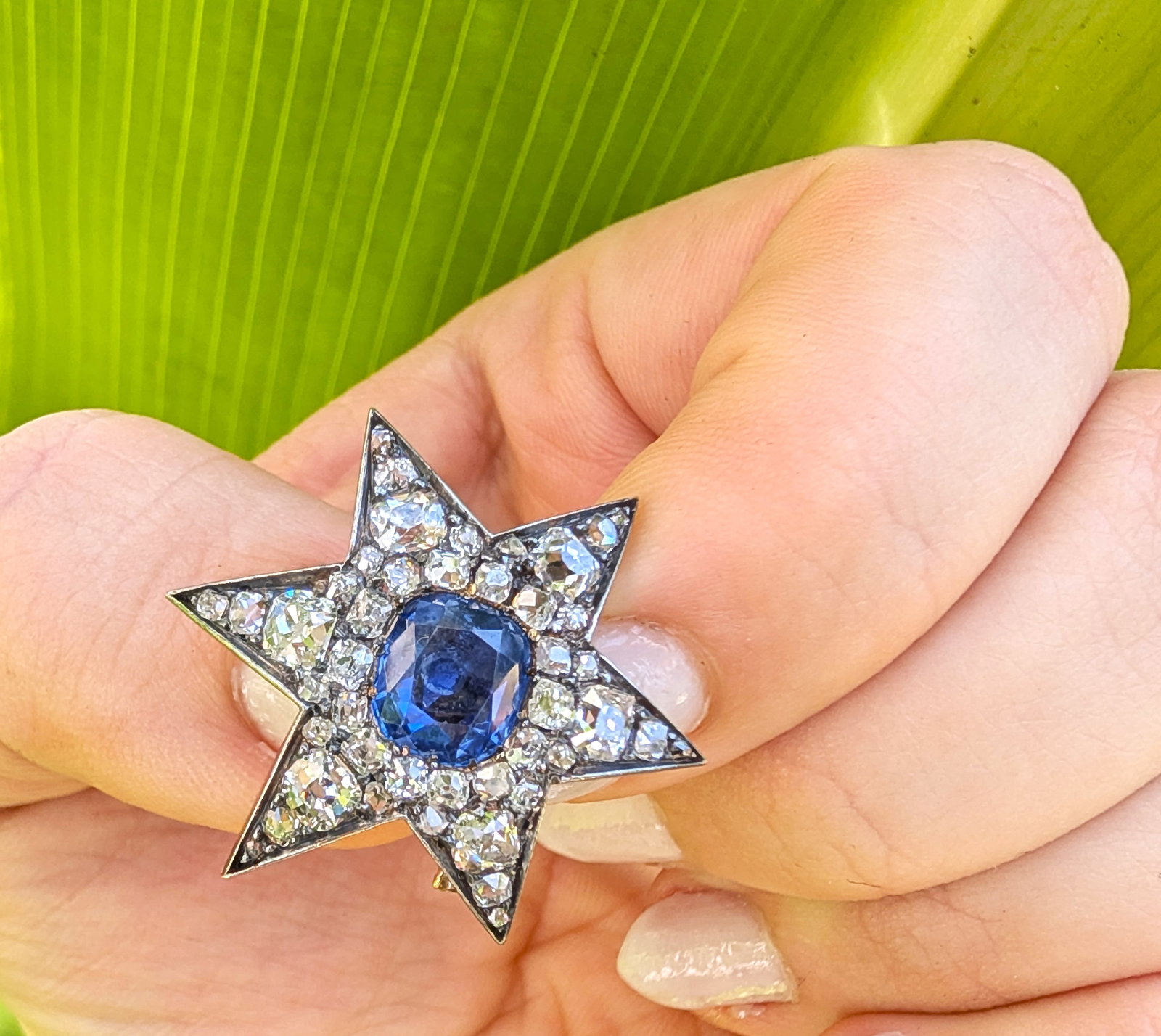 Antique GIA Natural Burma No Heat Sapphire Fine Old Mine Diamond Star Brooch Pin - 2