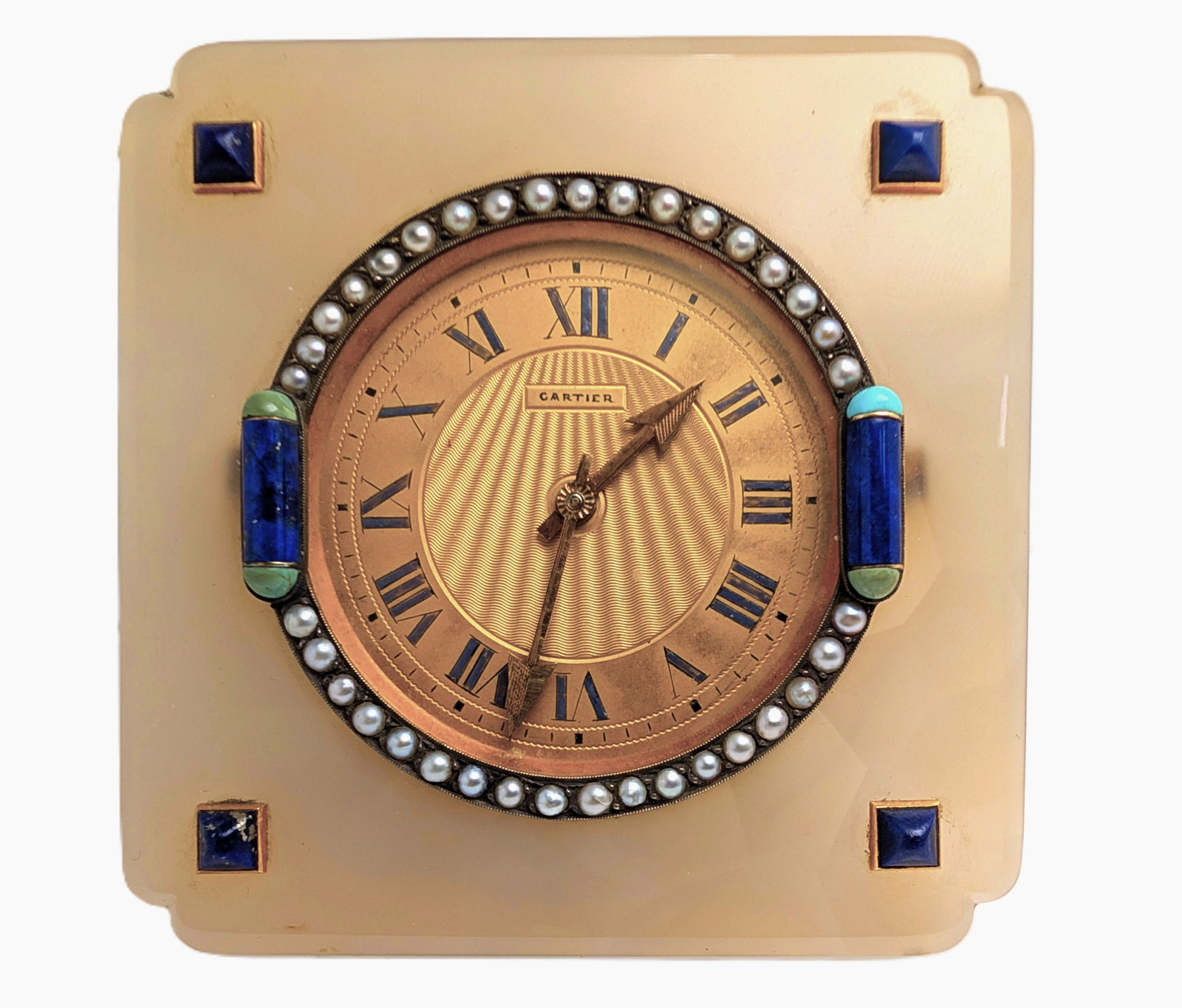 Cartier Very Art Deco Pink Agate Turquoise Lapis Pearl Signed Numbered Desk Table Clock: Described By:Rachel DT71670 NTDD Title:Cartier Very Art Deco Pink Agate Turquoise Lapis Pearl Signed Numbered Desk Table Clock Description: This wonderful clock is running strong and only losing 2 min