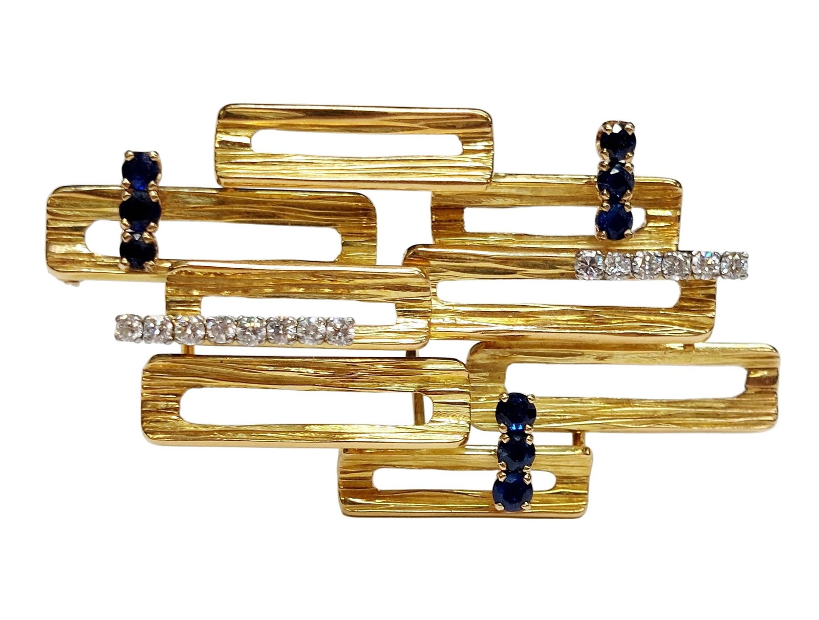 Paash Mid Century Modern Masterpiece Natural Sapphire Diamond 18k Gold Platinum Pendant Brooch: Described & Photographed By: CHRIS AJP GIA / NOFOE 71517 / EST. $2000-$3000 Title: Paash Mid Century Modern Masterpiece Natural Sapphire Diamond 18k Gold Platinum Pendant Brooch Description: An except