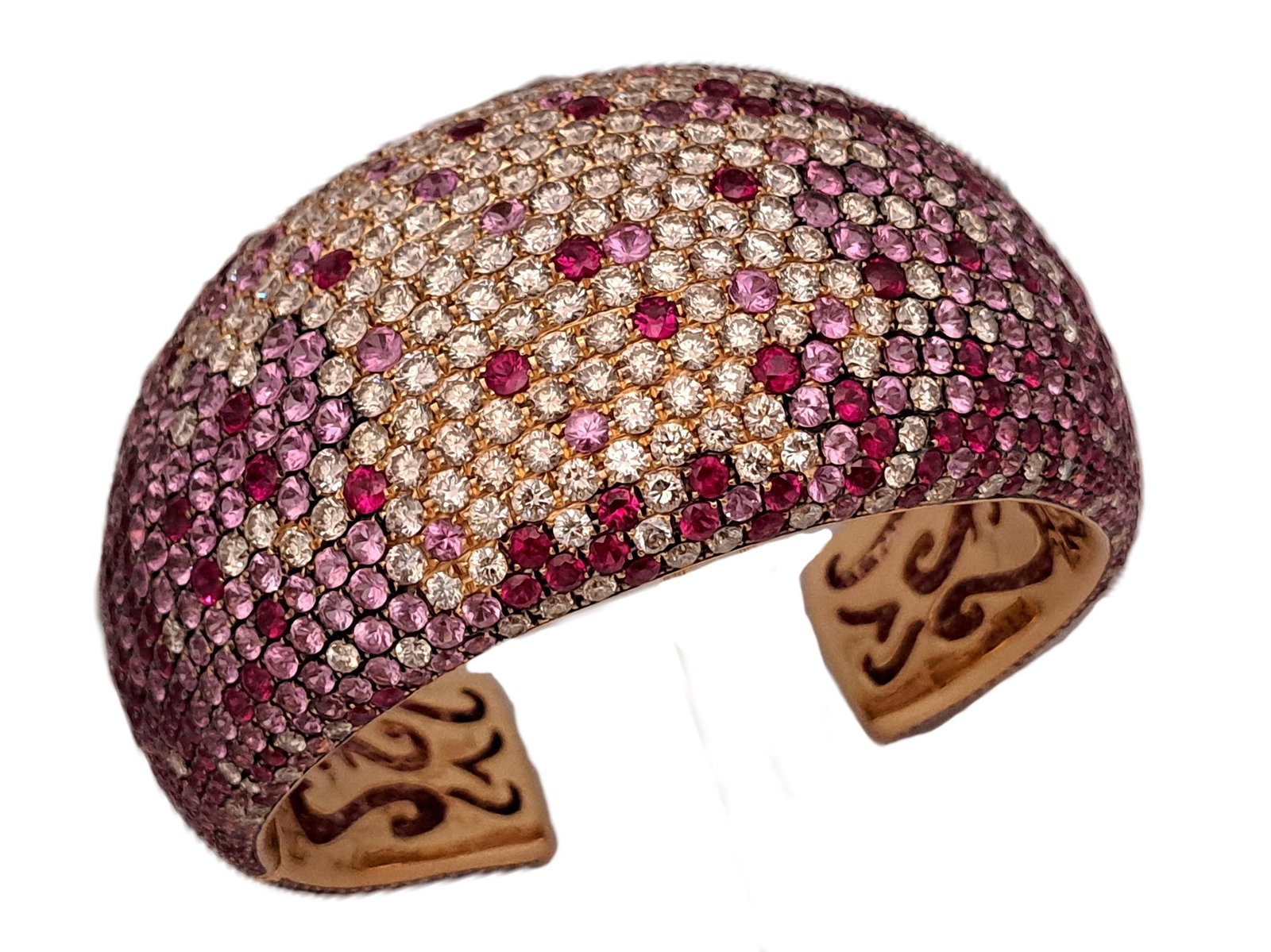 Stunning 18K Ombre Fine Diamond Ruby Pink Sapphire 163CTW 113G Designer Hinged Cuff Bracelet: Described & Photographed By: Rachel CNX 0391 1248 Title: Stunning 18K Ombre Fine Diamond Ruby Pink Sapphire 163CTW 113G Designer Hinged Cuff Bracelet Here are the spec